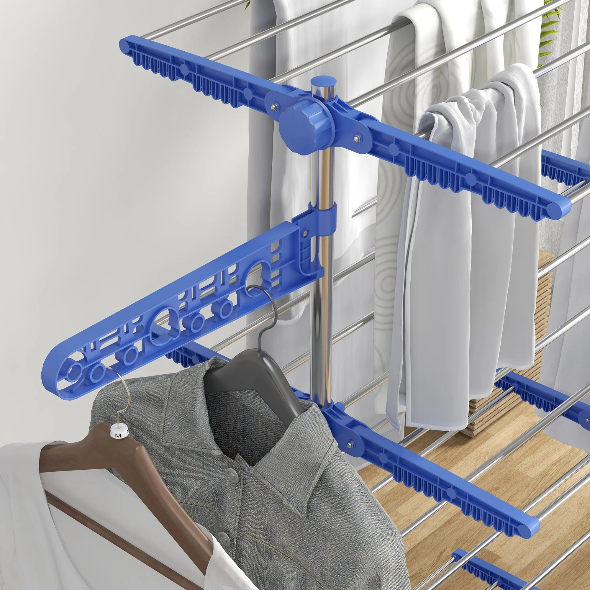 4-Tier Clothes Airer, Foldable Clothes Drying Rack with Wheels & Wings, Easy Assembly, Blue - Image 10