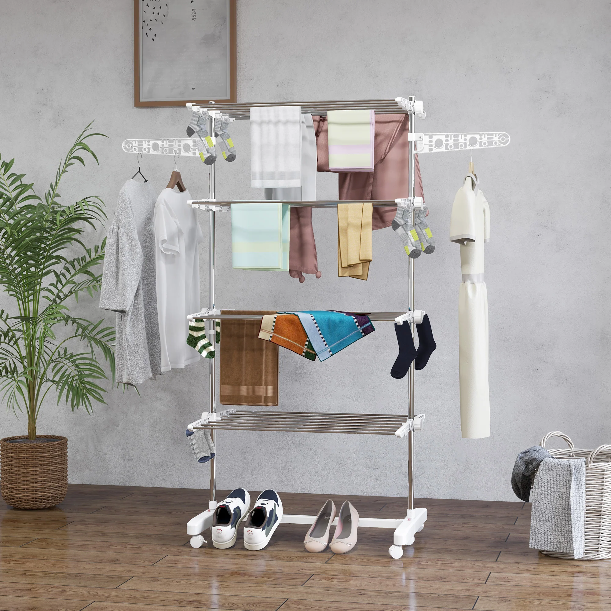 4-Tier Clothes Airer, Foldable Clothes Drying Rack with Wheels & Wings, Easy Assembly, White - Image 4