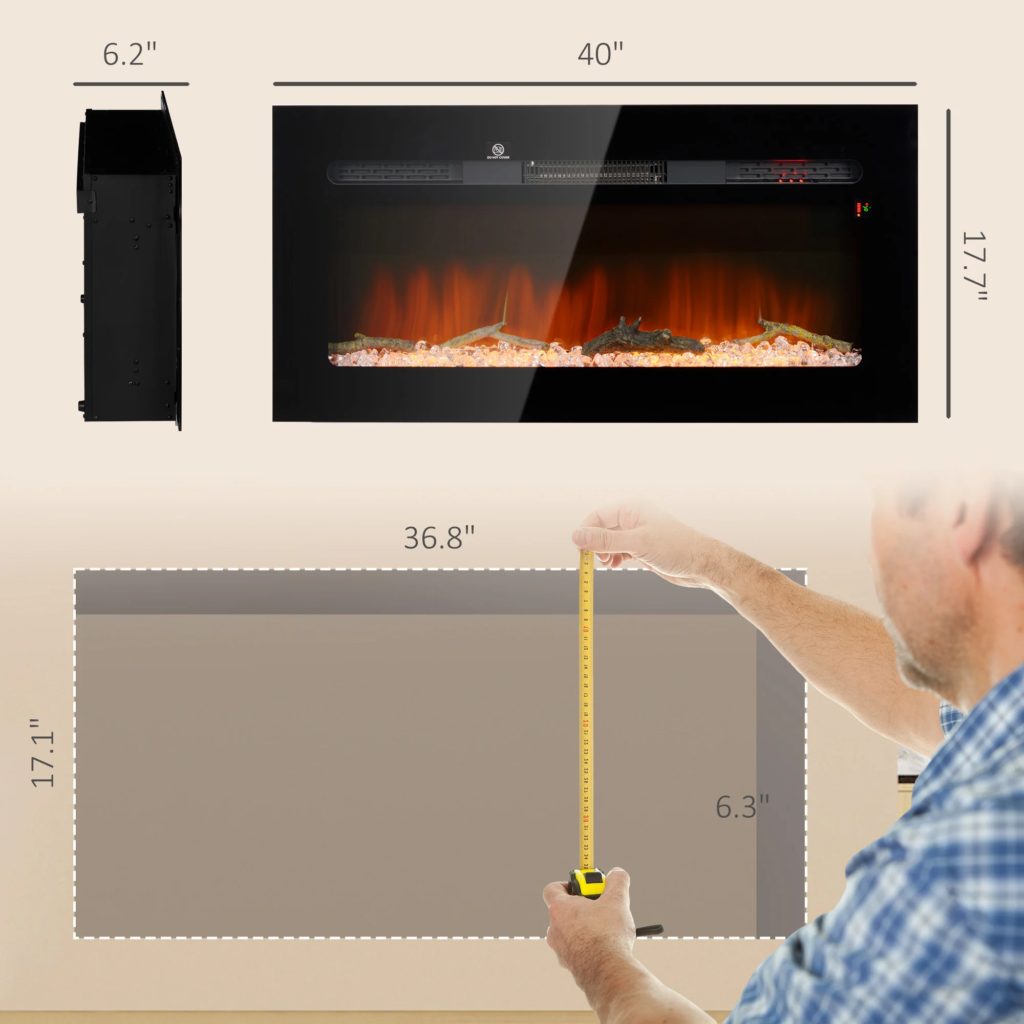 40" Electric Fireplace Heater with Remote Control, Adjustable Flame & Brightness, Black - Image 5