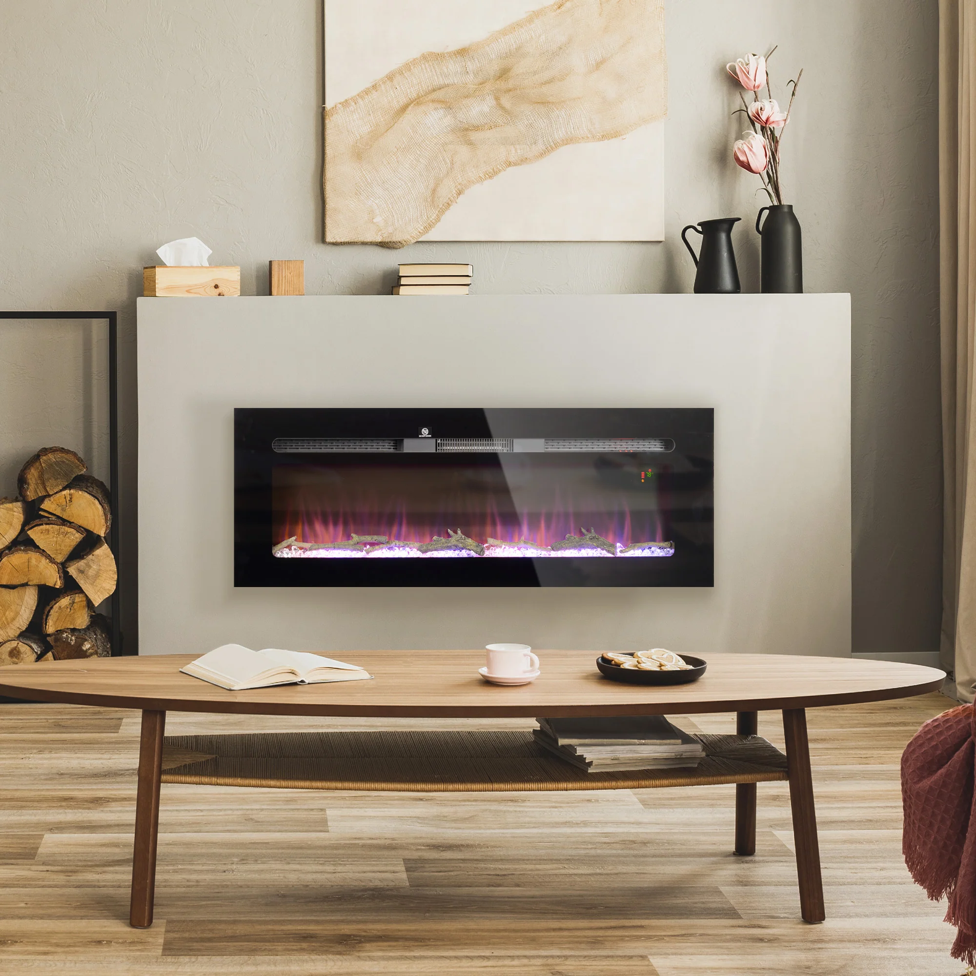 50" Electric Fireplace Heater with Remote Control, Adjustable Color & Brightness, Black - Image 3