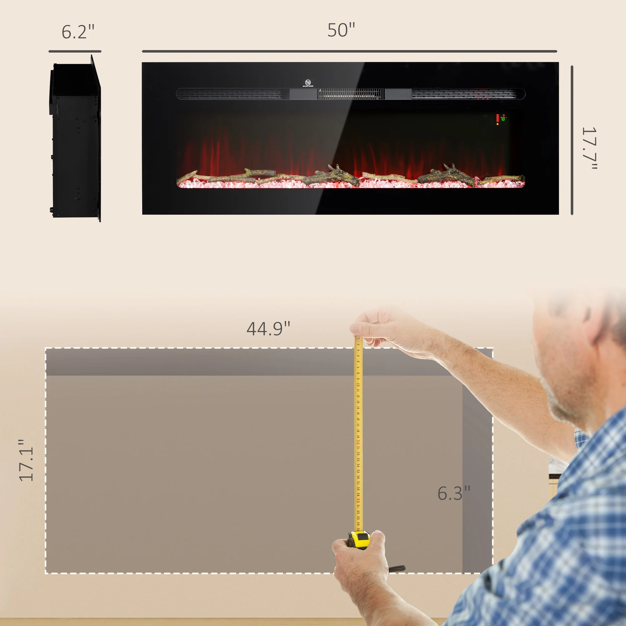 50" Electric Fireplace Heater with Remote Control, Adjustable Color & Brightness, Black - Image 5