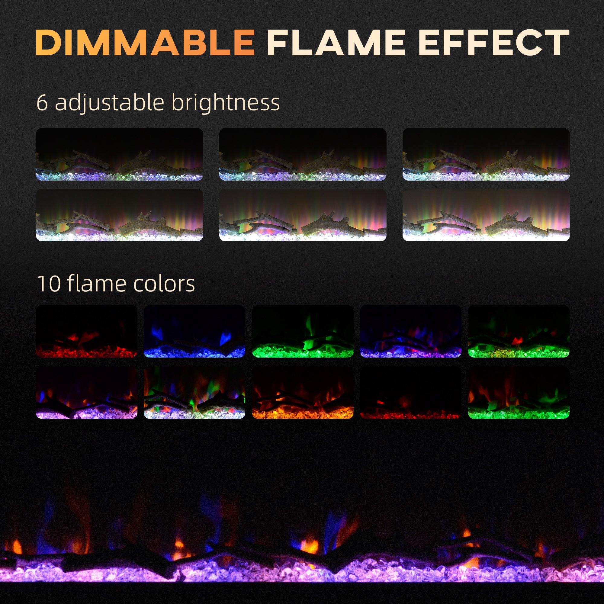 50" Electric Fireplace Heater with Remote Control, Adjustable Color & Brightness, Black - Image 6