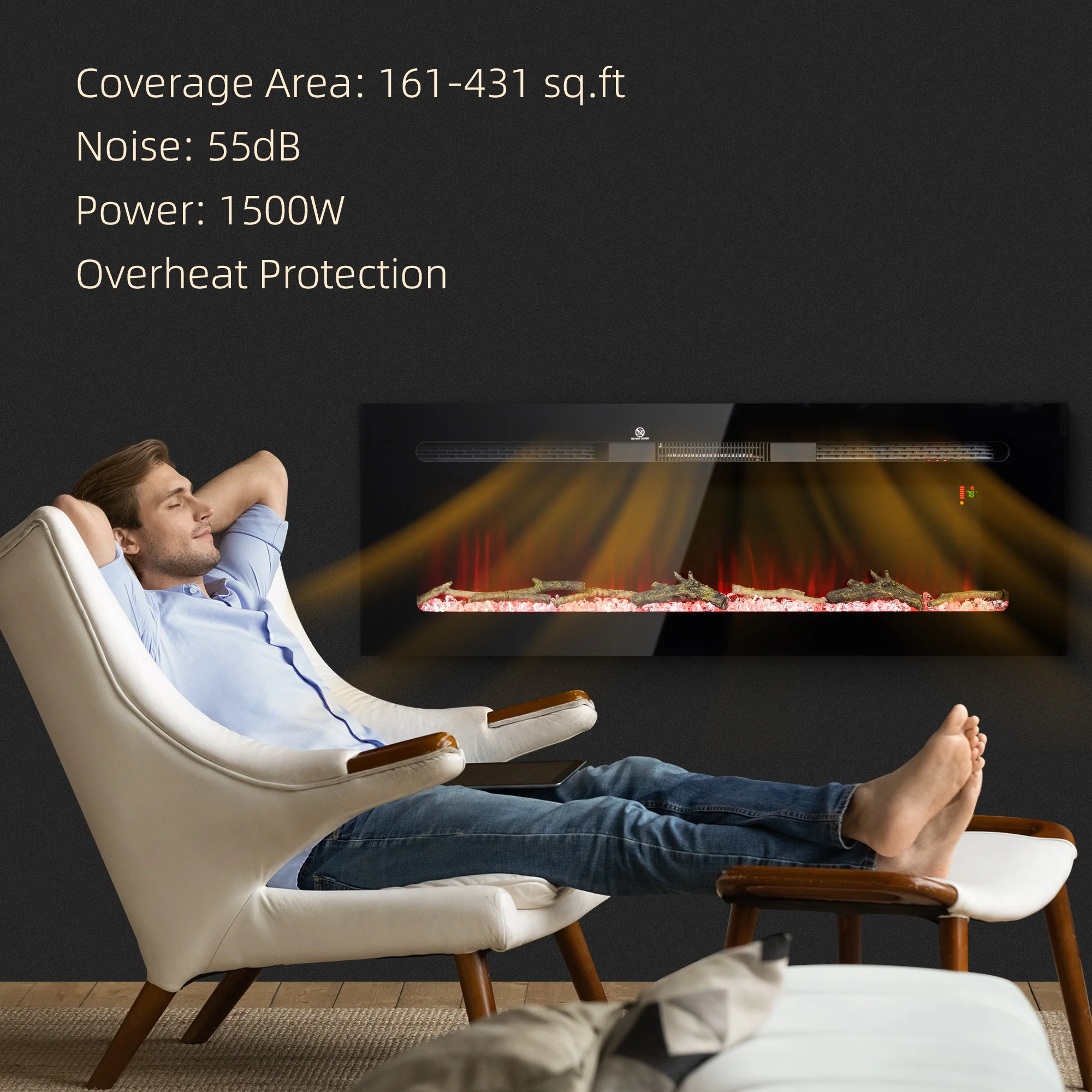 50" Electric Fireplace Heater with Remote Control, Adjustable Color & Brightness, Black - Image 8