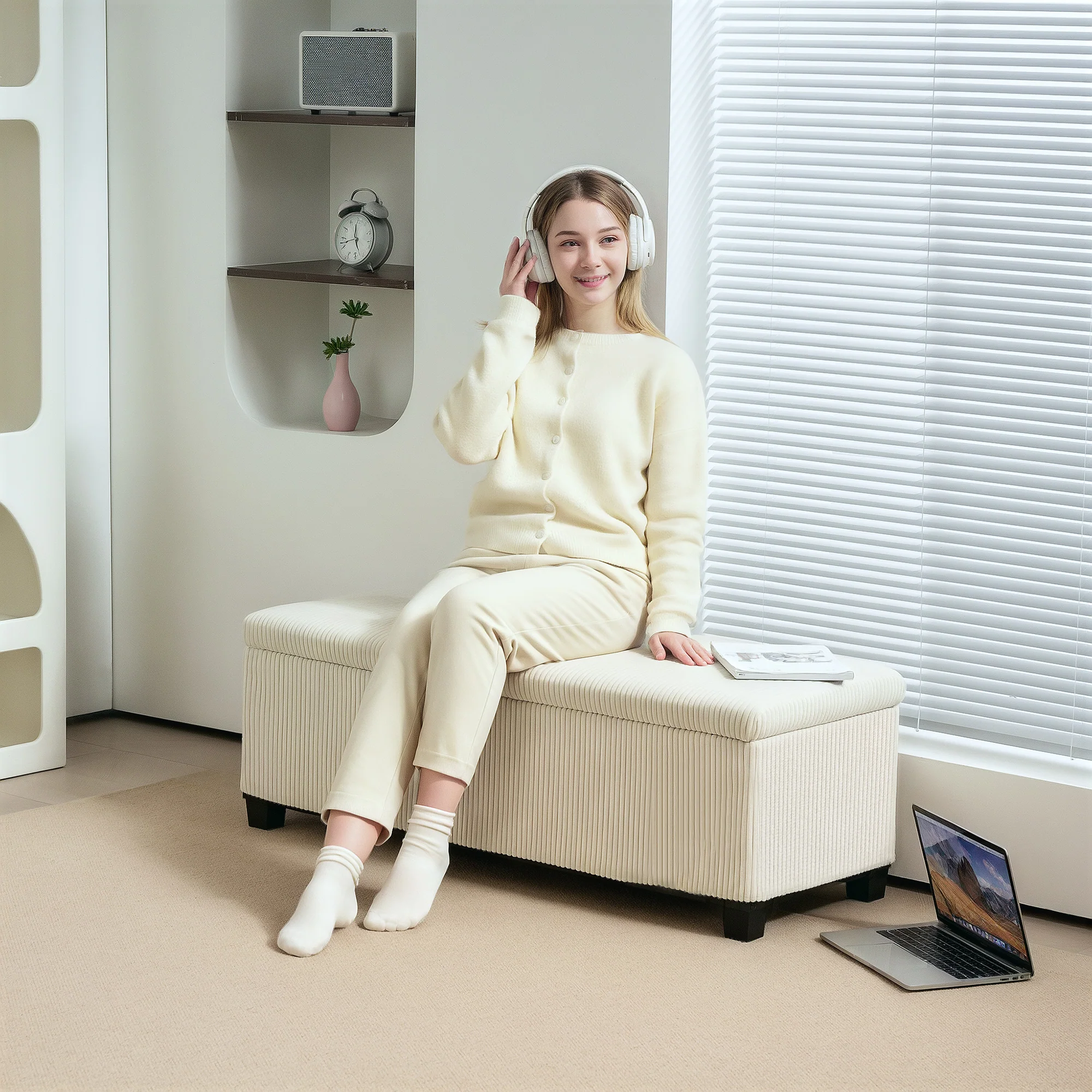44" Corduroy Storage Ottoman Bench with Lid, for Bedroom, Living Room, Beige - Image 3
