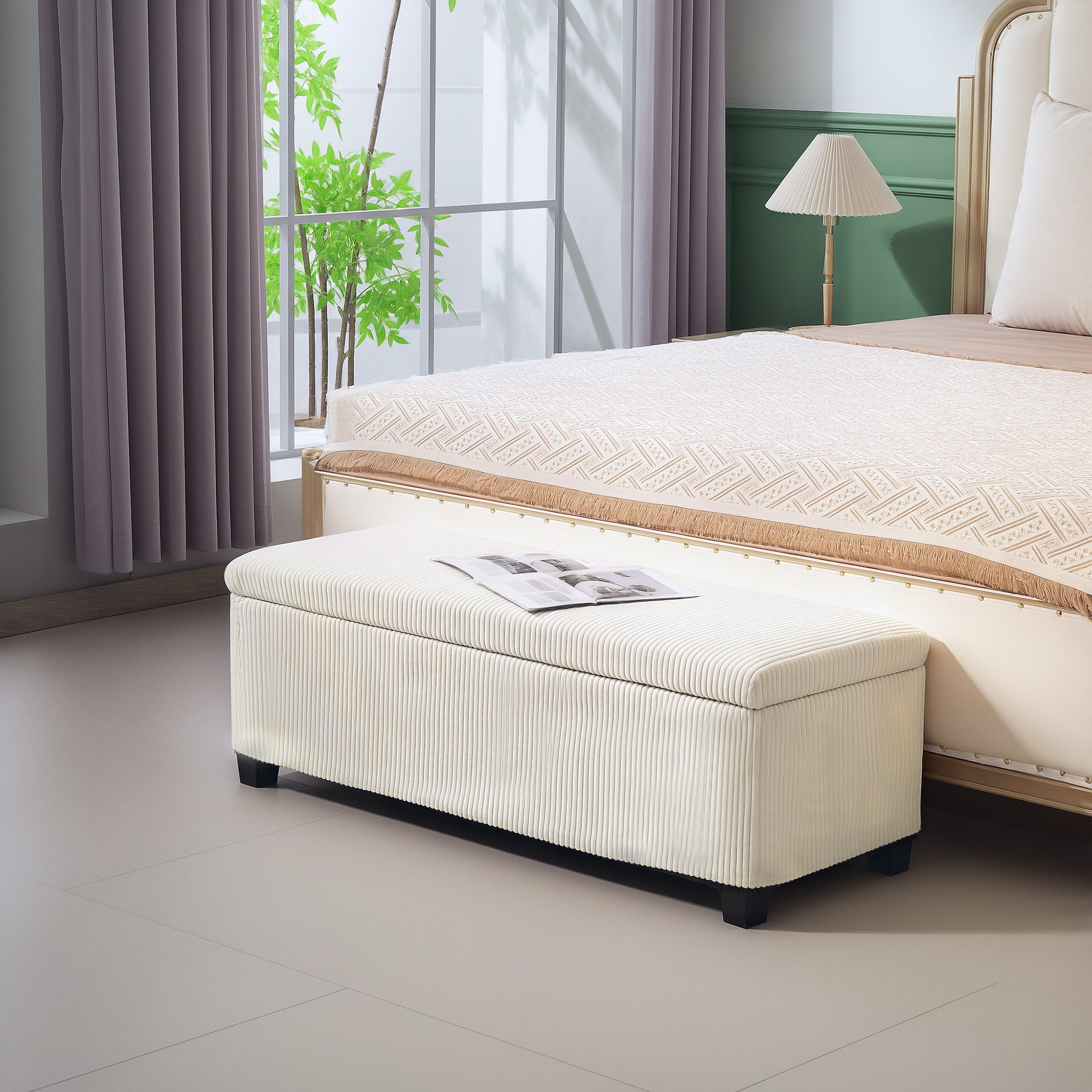 44" Corduroy Storage Ottoman Bench with Lid, for Bedroom, Living Room, Beige - Image 4