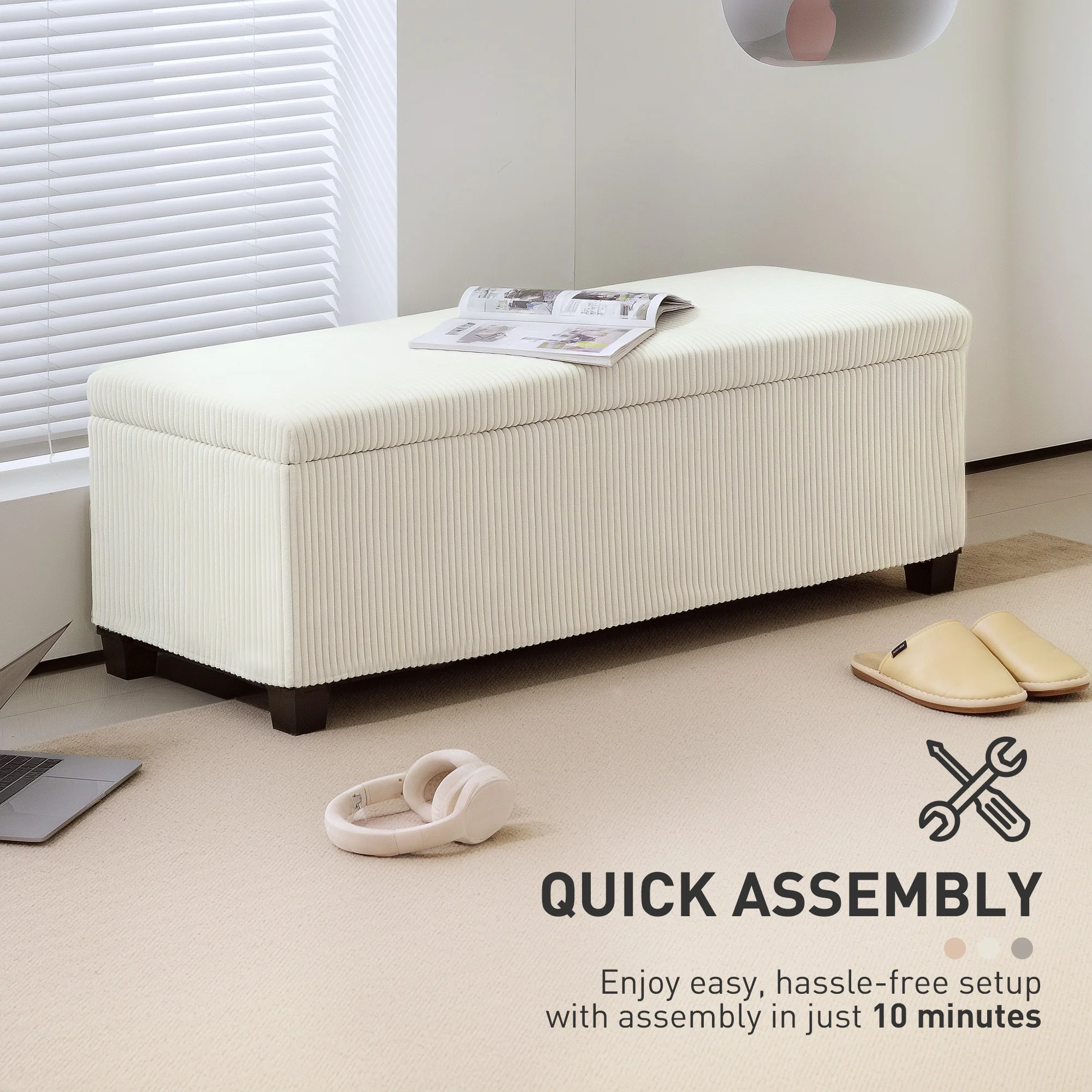 44" Corduroy Storage Ottoman Bench with Lid, for Bedroom, Living Room, Beige - Image 9
