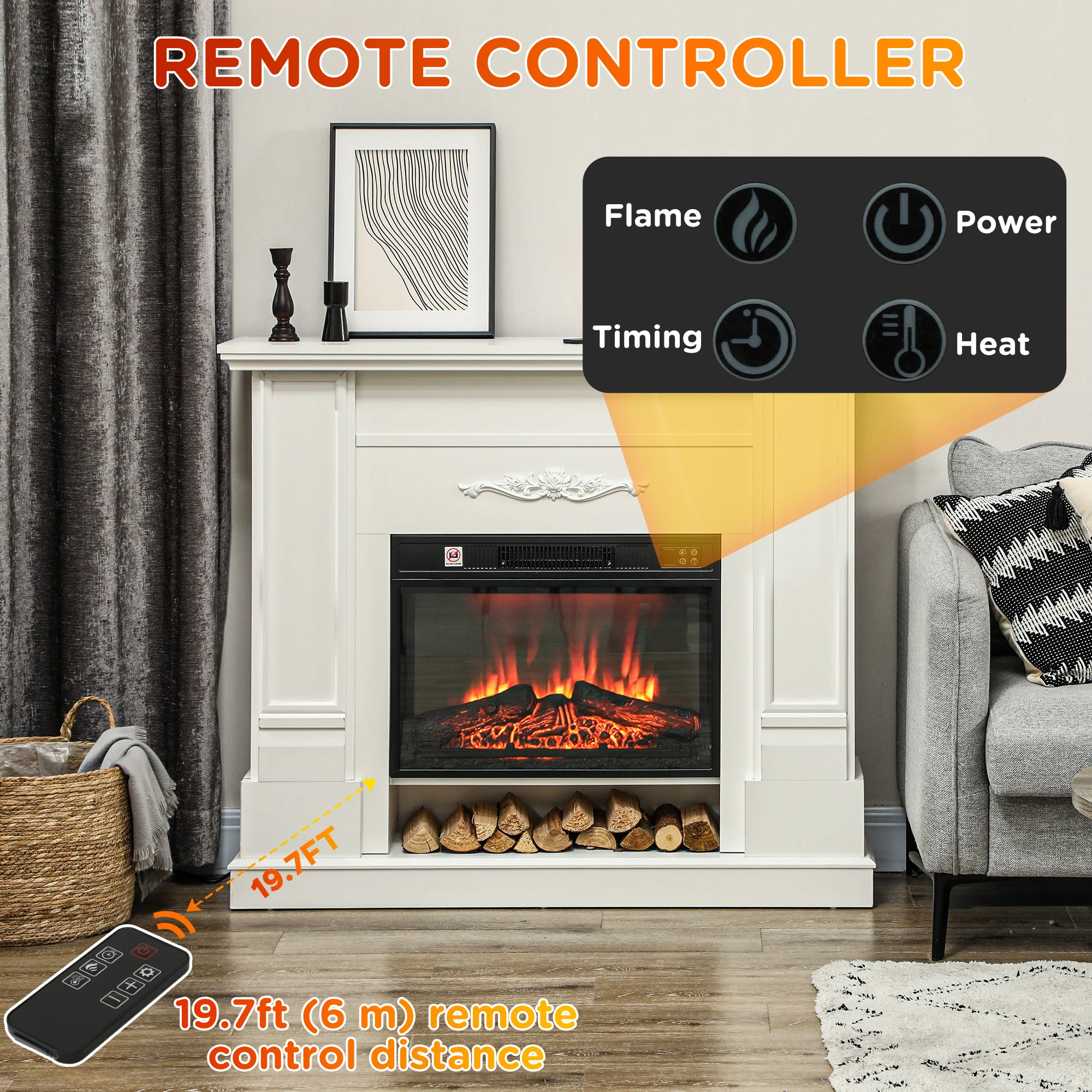 46" Electric Fireplace with Mantel and Shelf, 1400W Freestanding Fireplace Heater with Realistic Log and Flame Effect, Remote Control, 6H Timer, for Living Room, White - Image 8