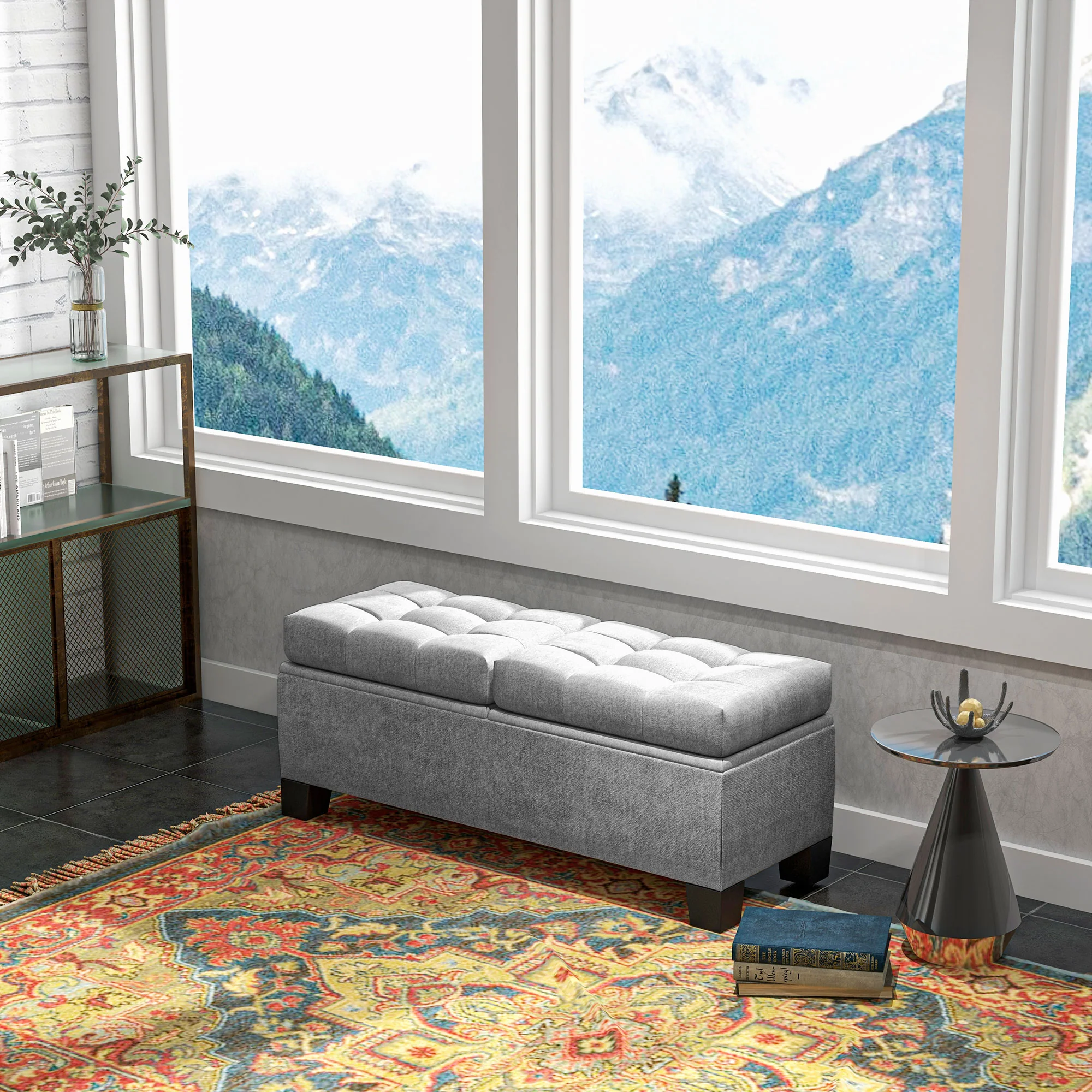 46" Storage Ottoman Bench, Steel Frame, Button Tufted & Safety Hinges, Gray - Image 10