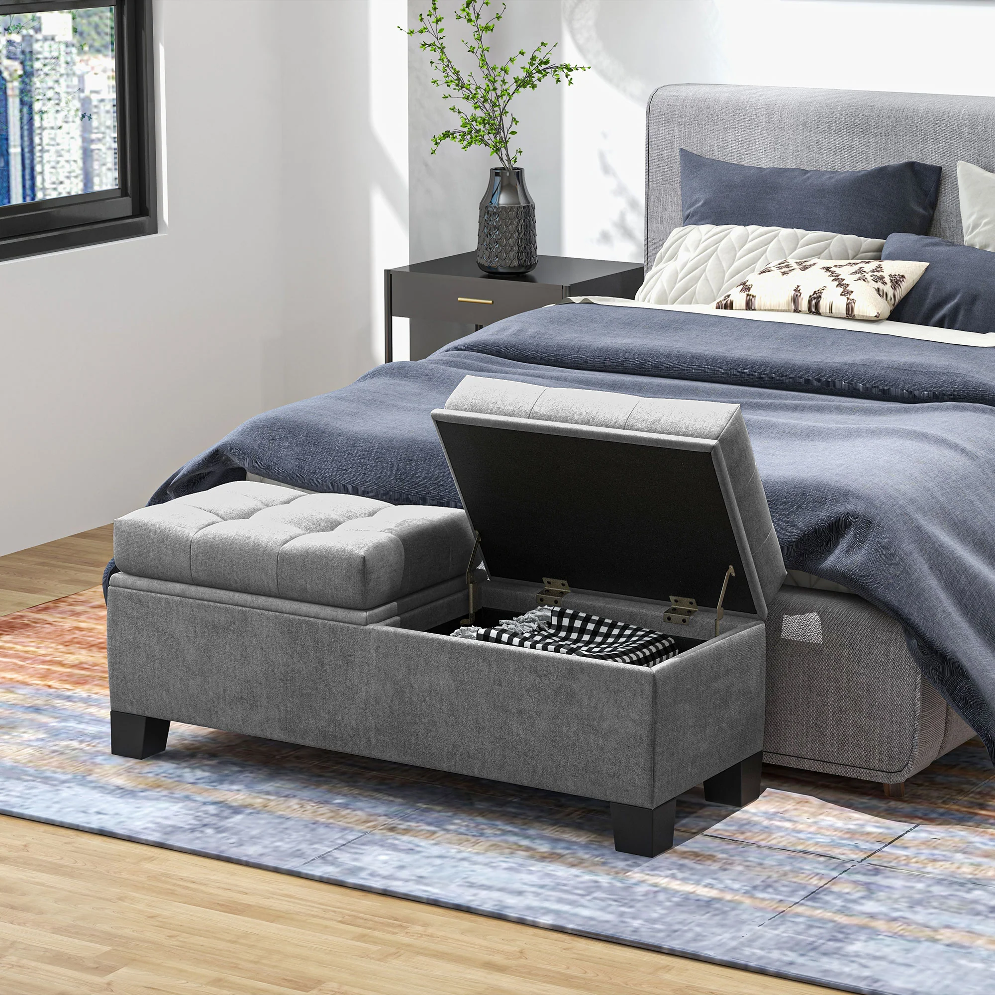 46" Storage Ottoman Bench, Steel Frame, Button Tufted & Safety Hinges, Gray - Image 11