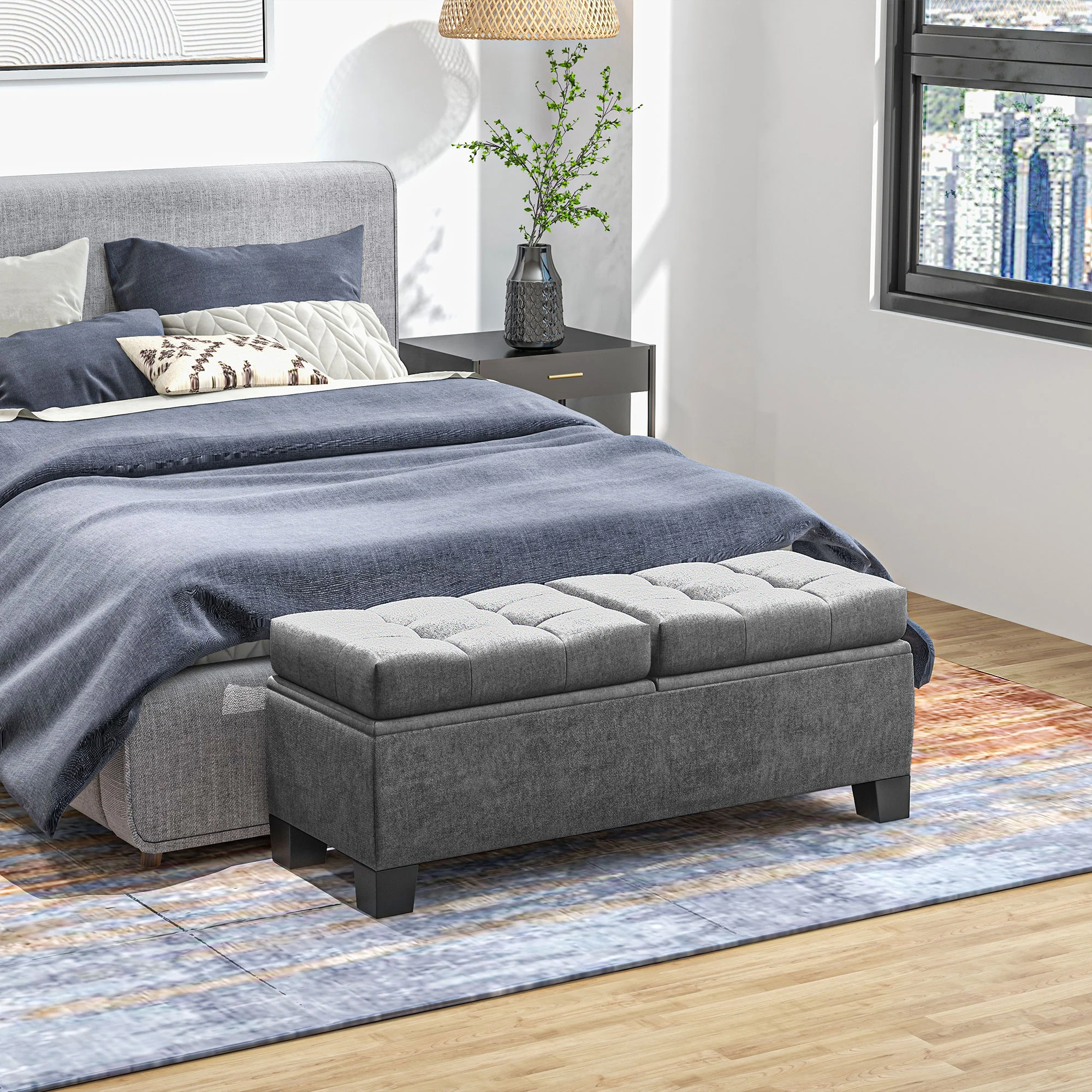 46" Storage Ottoman Bench, Steel Frame, Button Tufted & Safety Hinges, Gray - Image 3