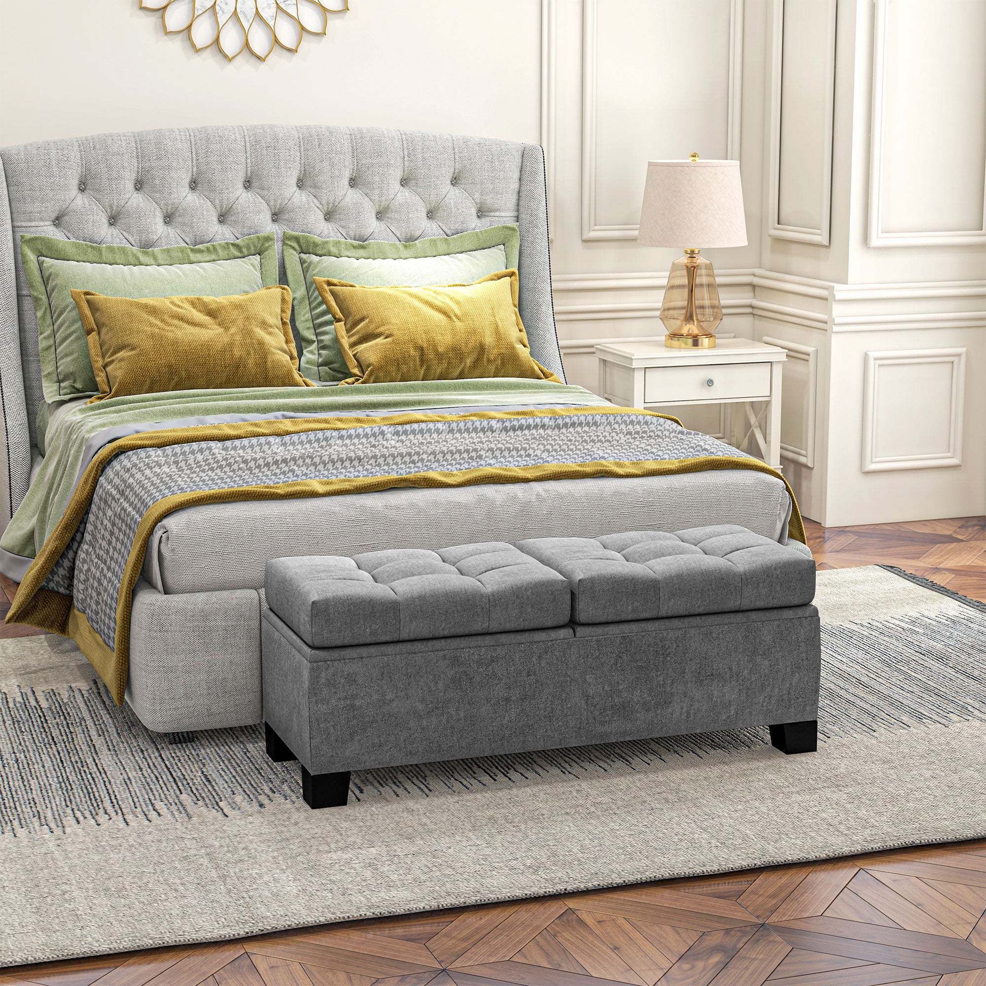 46" Storage Ottoman Bench, Steel Frame, Button Tufted & Safety Hinges, Gray - Image 4