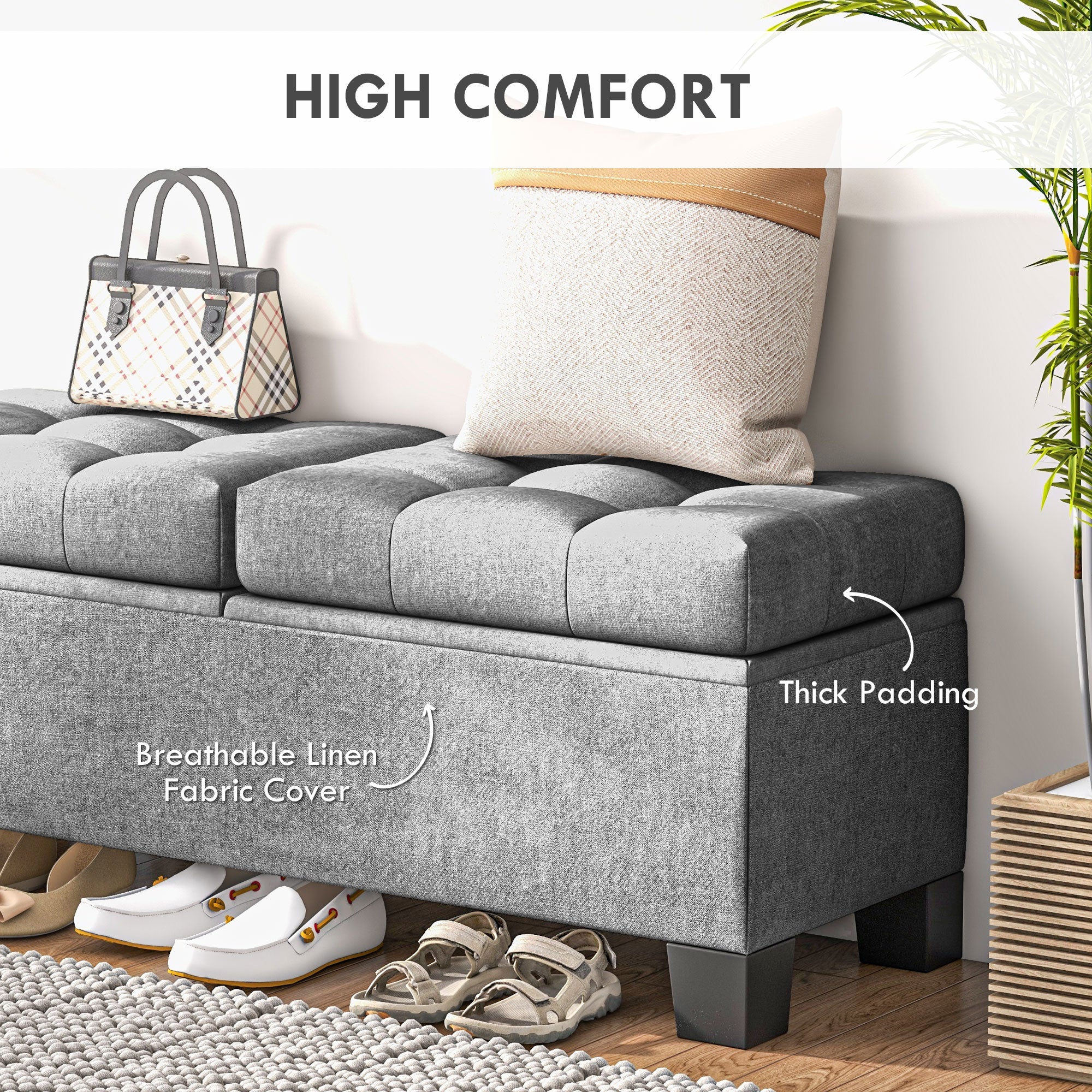 46" Storage Ottoman Bench, Steel Frame, Button Tufted & Safety Hinges, Gray - Image 7