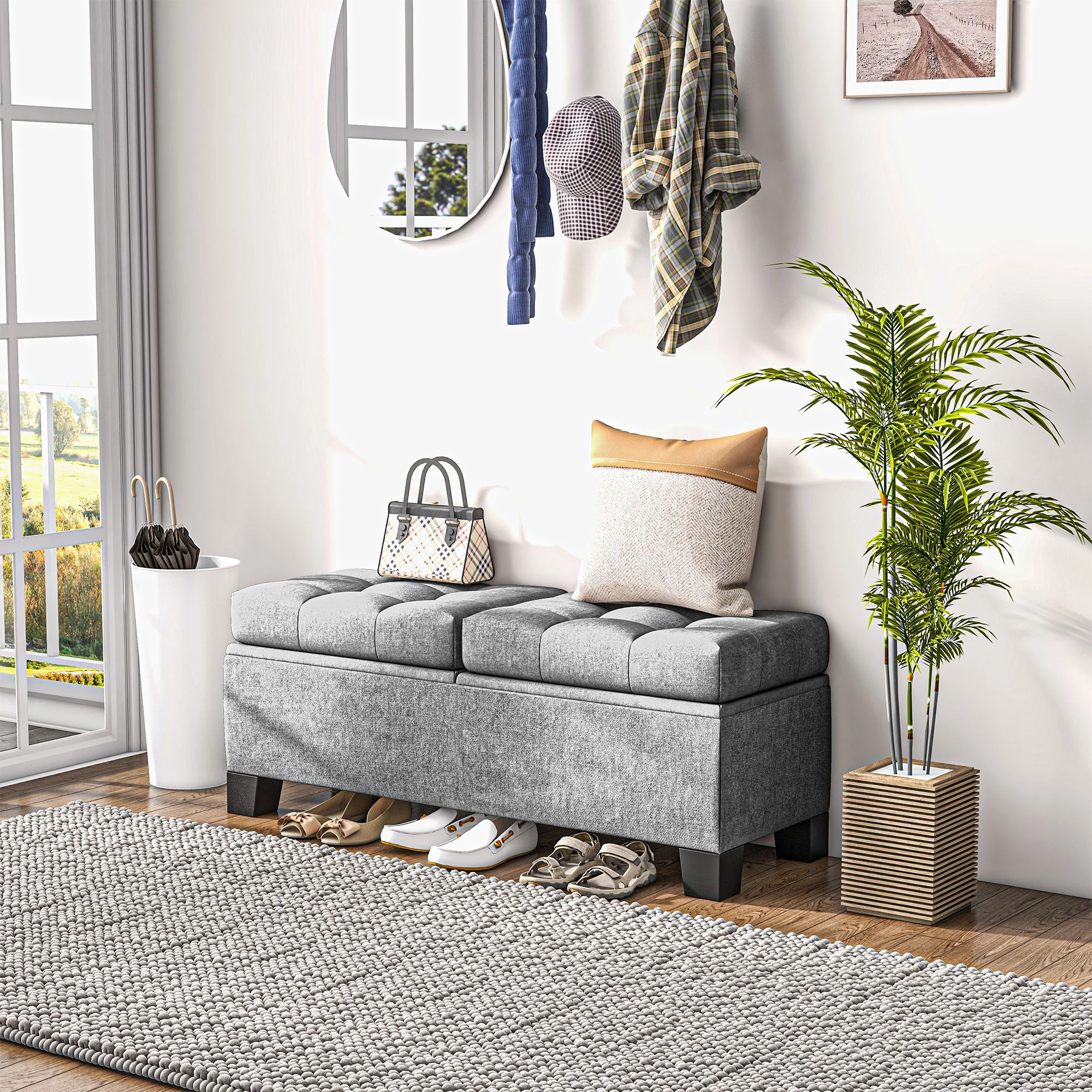 46" Storage Ottoman Bench, Steel Frame, Button Tufted & Safety Hinges, Gray - Image 9