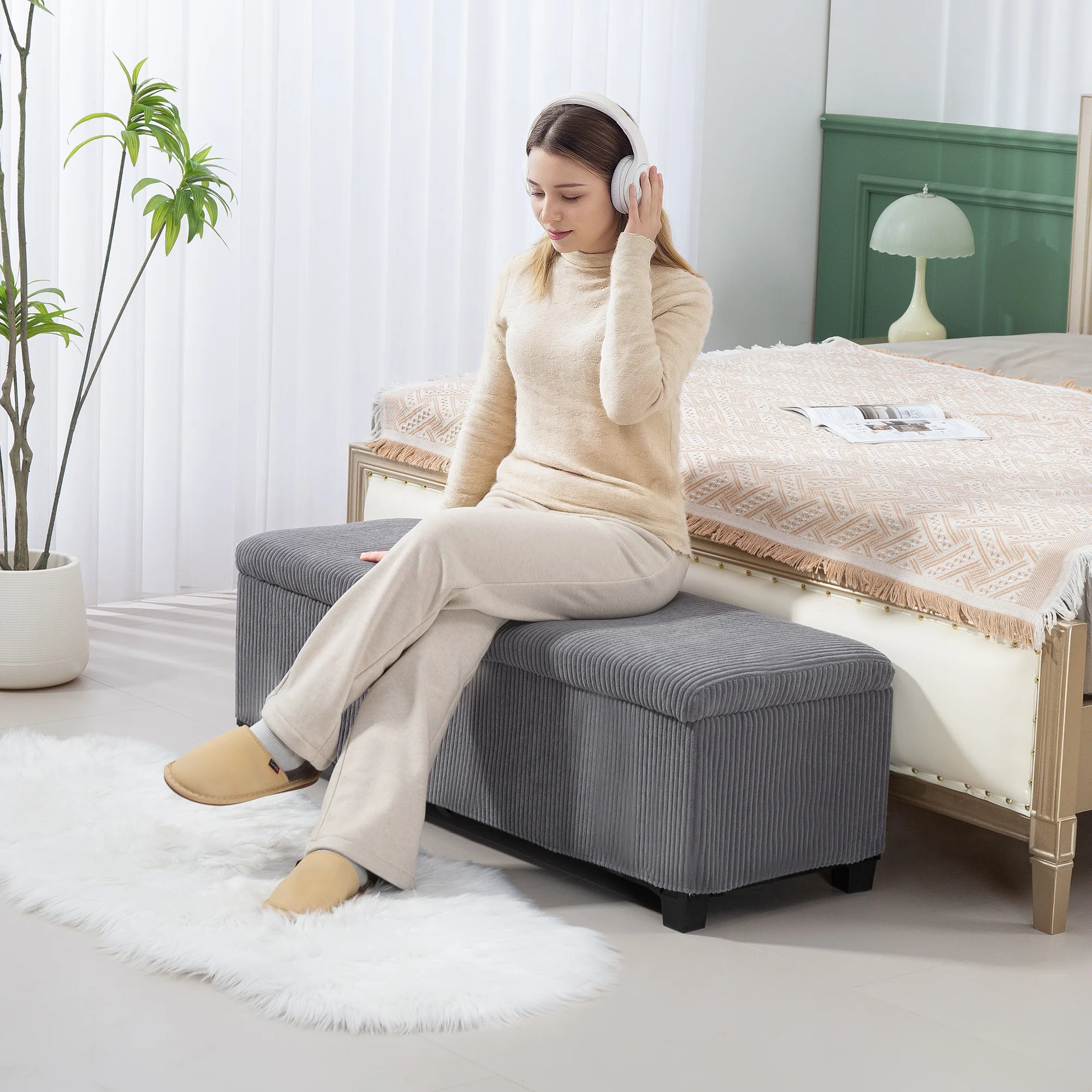 47" Storage Ottoman Bench with Removable Lid, End of Bed Bench, Corduroy Storage Chest, Gray - Image 3