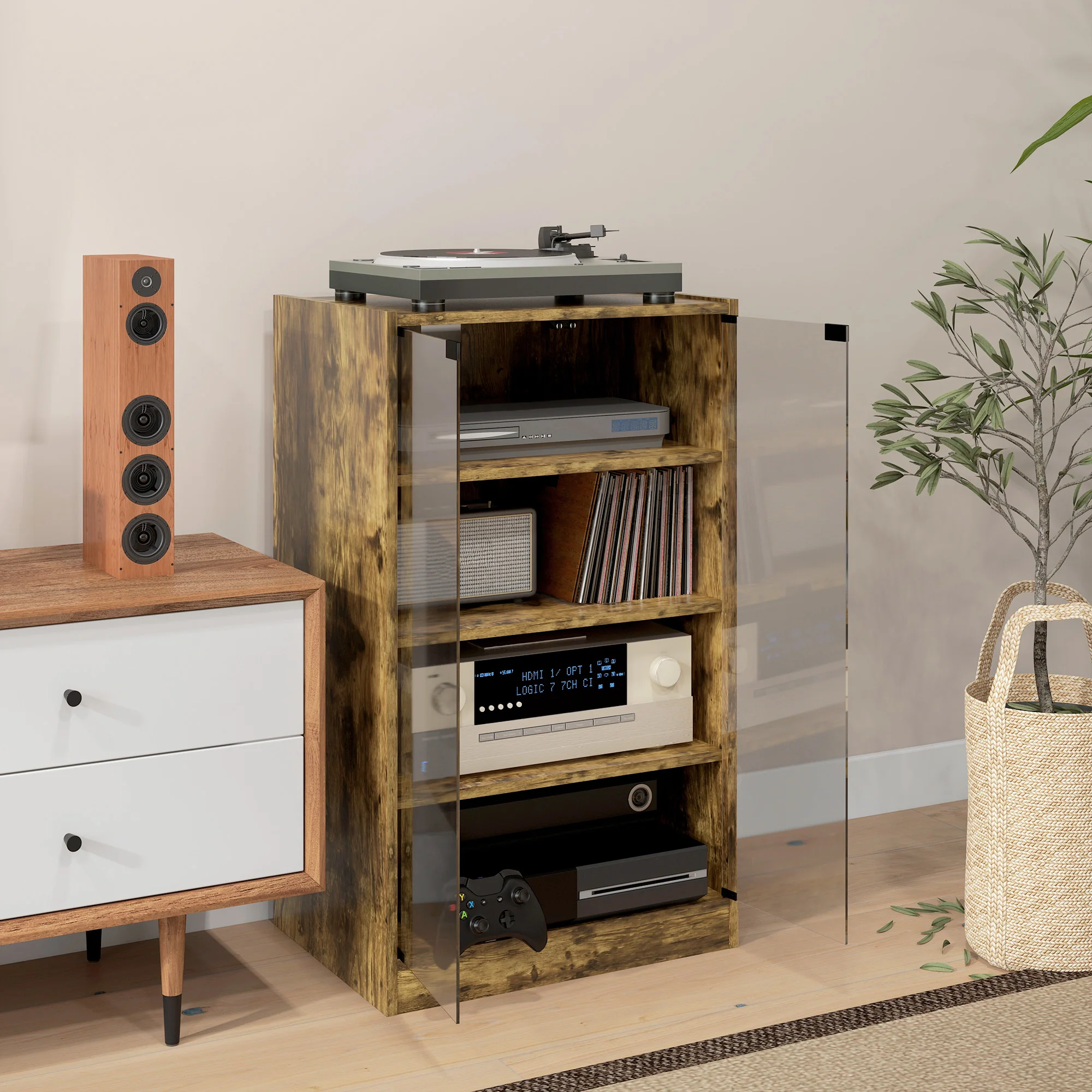 4-Tier Media Cabinet Stand w/ Adjustable Shelves & Cable Management, Rustic Brown - Image 10