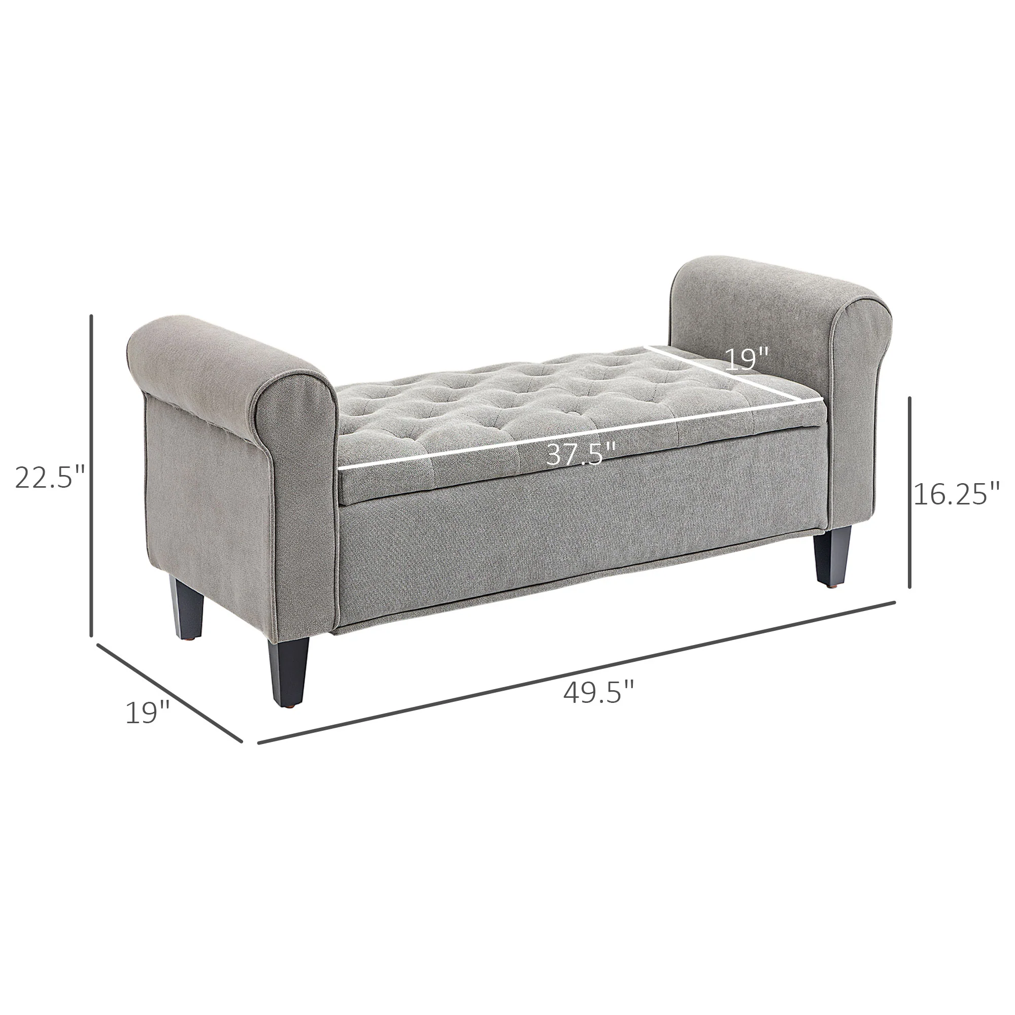 50 Inches Tufted Storage Ottoman, End of Bed Bench w/ Rolled Arms & Wood Legs, Gray - Image 5