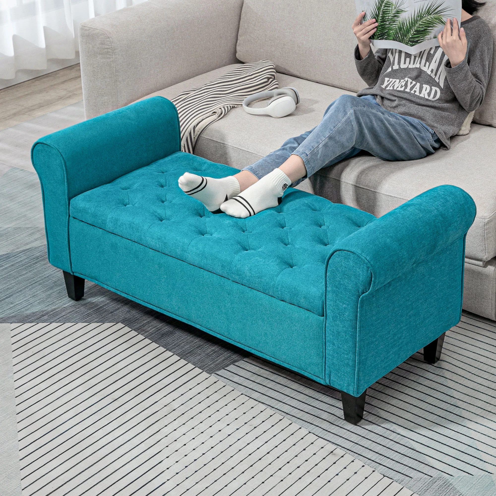 50 Inches Tufted Storage Ottoman, End of Bed Bench w/ Rolled Arms & Wood Legs, Teal - Image 4