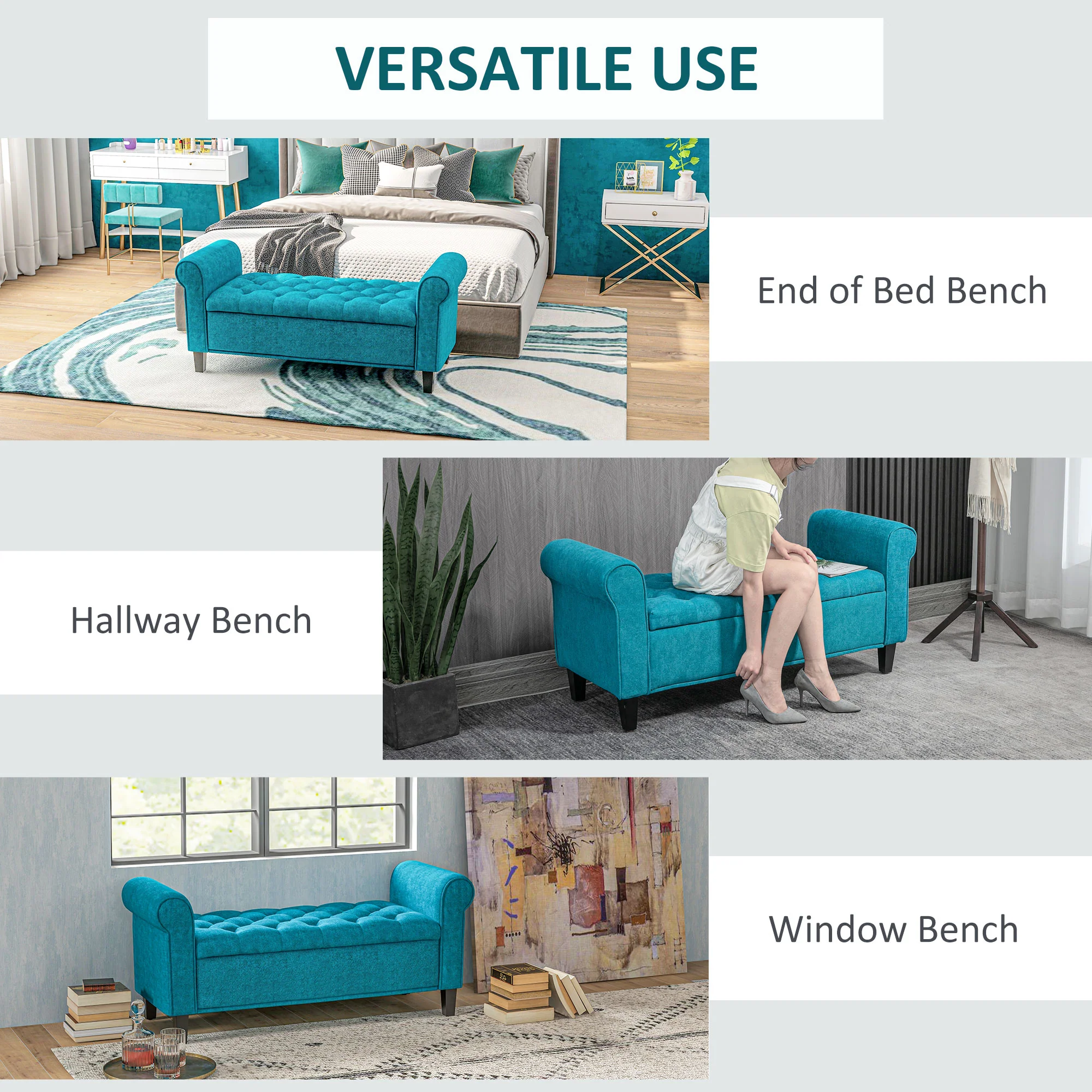 50 Inches Tufted Storage Ottoman, End of Bed Bench w/ Rolled Arms & Wood Legs, Teal - Image 9