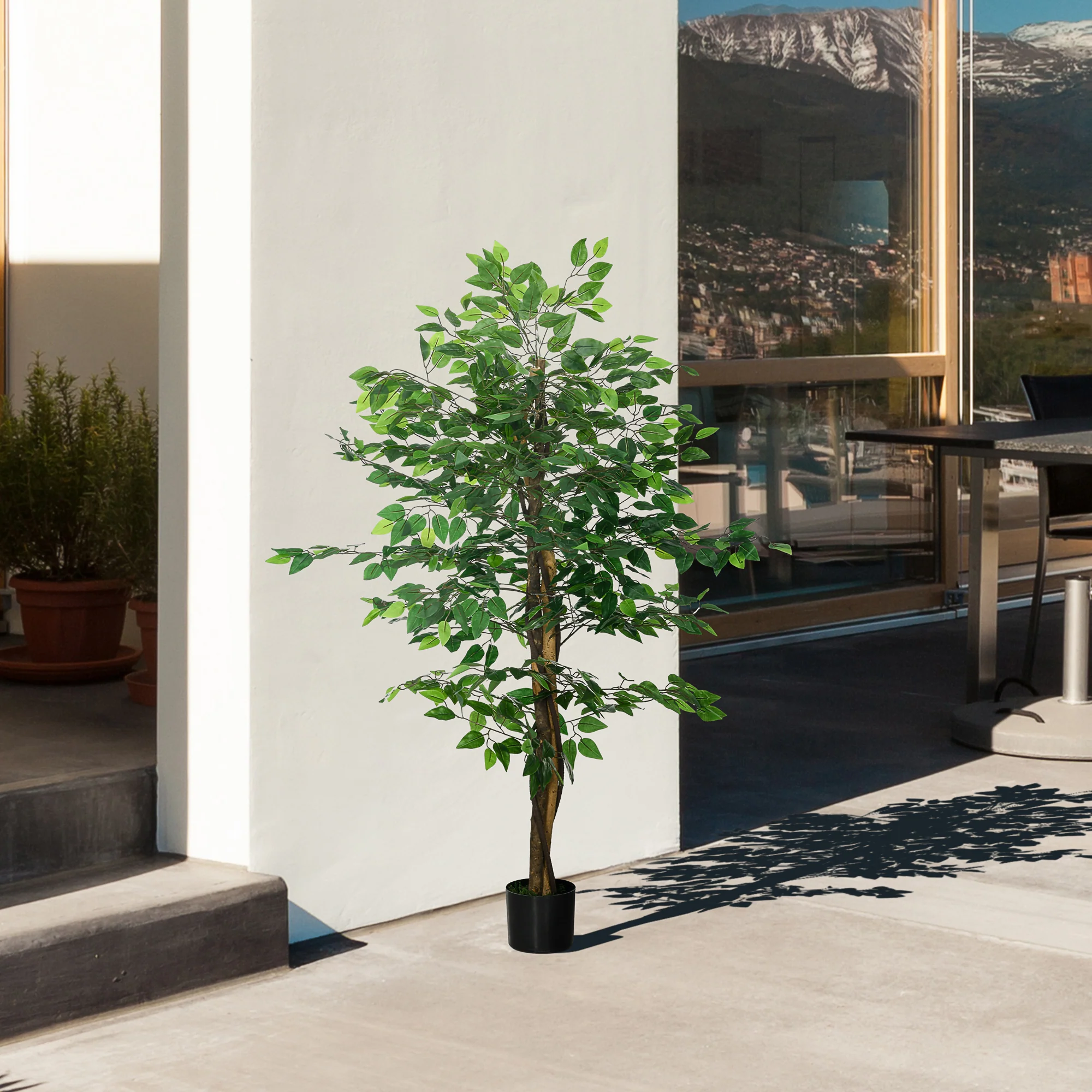 5ft Artificial Tree, Indoor Outdoor Fake Ficus with Pot for Home Office Living Room Decor - Image 8