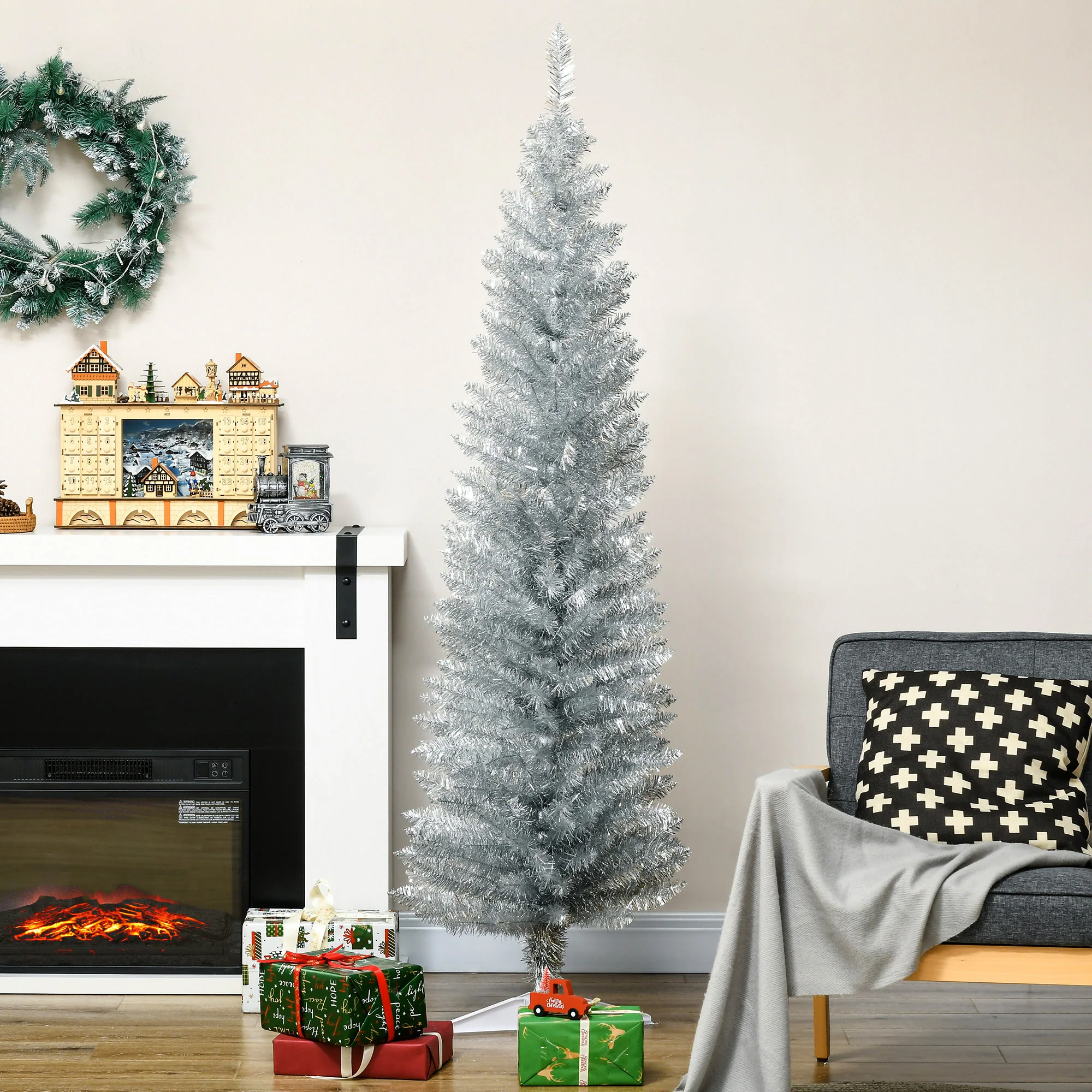 6' Artificial Pencil Christmas Tree with 390 Realistic Branch Tips and Stand Silver - Image 3