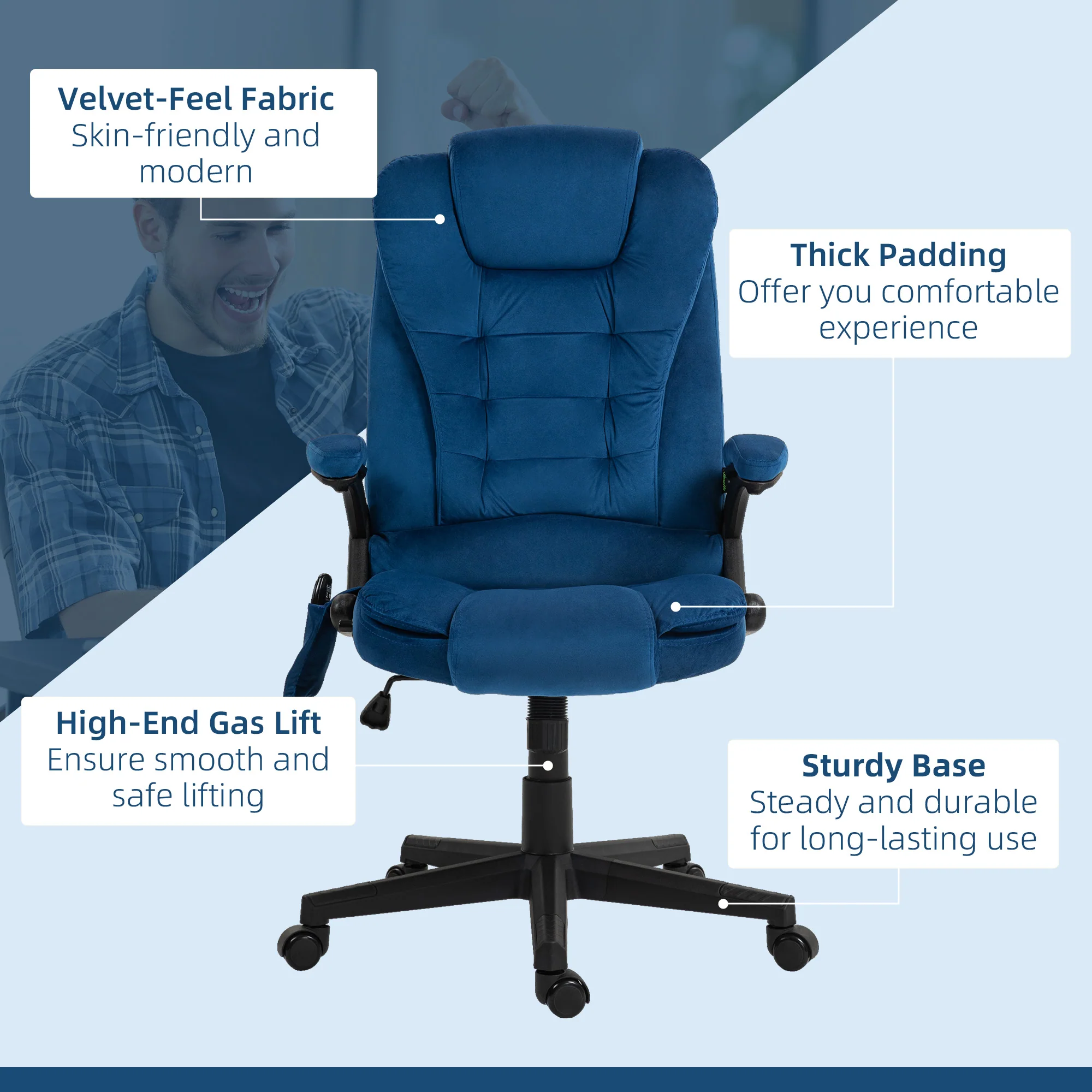 6 Points Heated Executive Office Chair, Velvet High Back Massage Office Chair, Drak Blue - Image 11