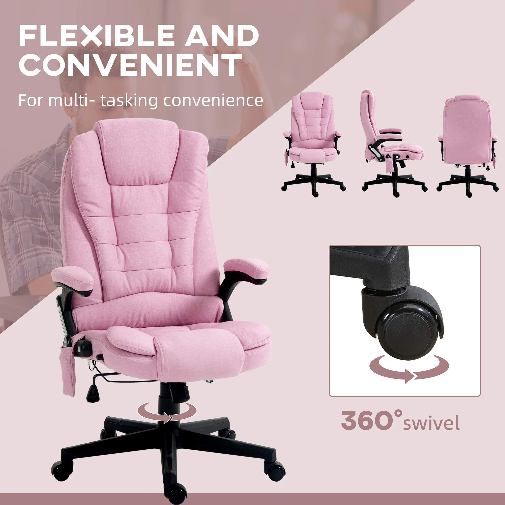 6 Points Heated Massage Office Chair, Linen High Back Executive Office Chair, Pink - Image 10
