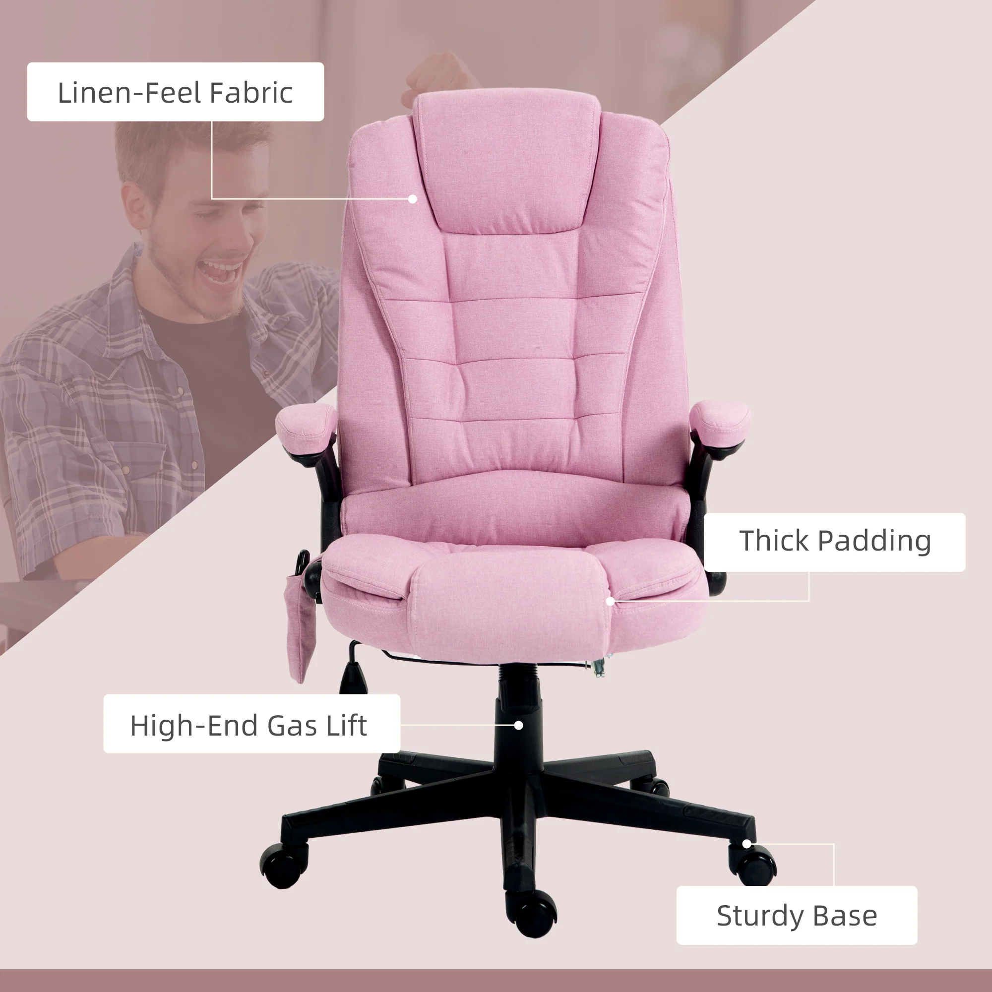 6 Points Heated Massage Office Chair, Linen High Back Executive Office Chair, Pink - Image 11