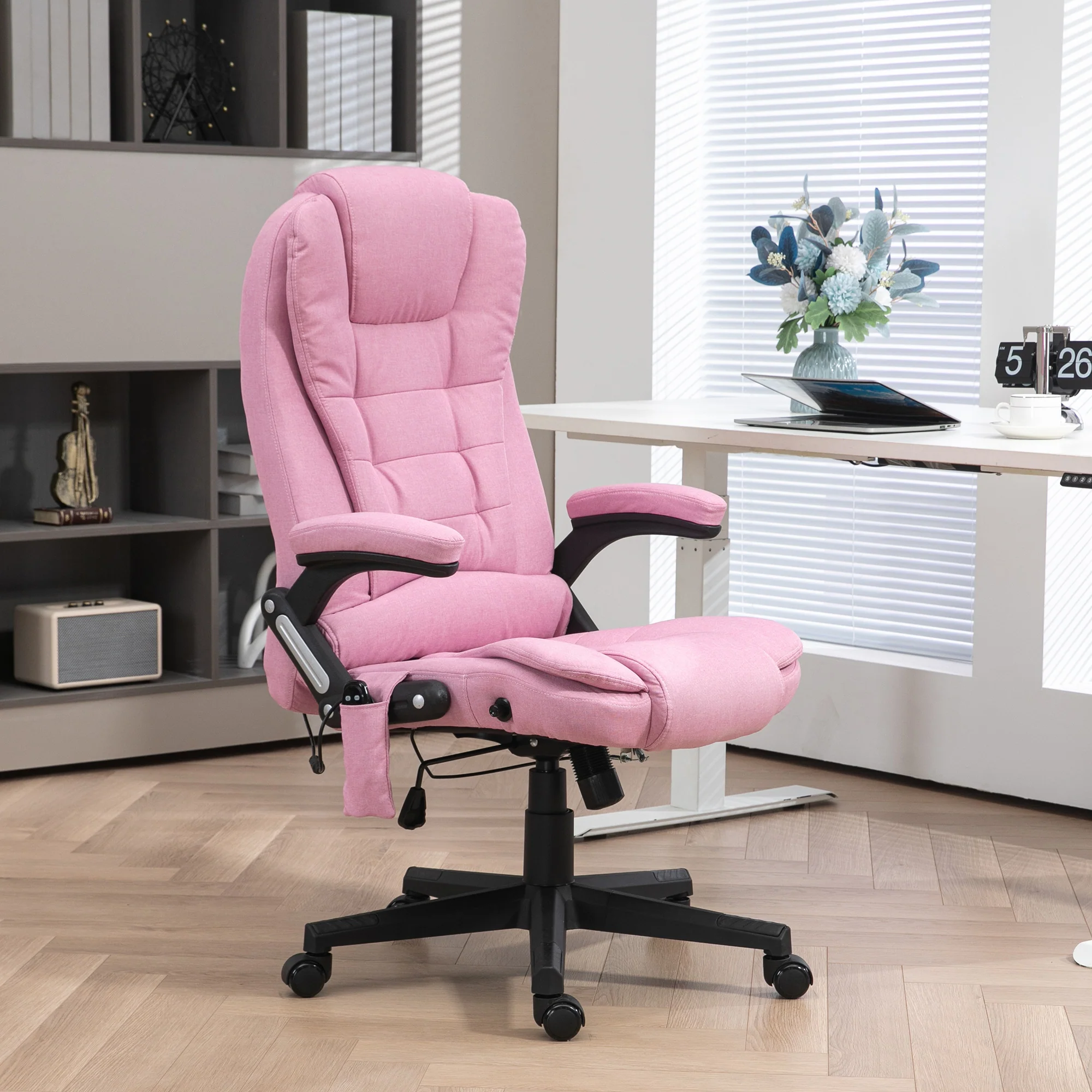 6 Points Heated Massage Office Chair, Linen High Back Executive Office Chair, Pink - Image 3