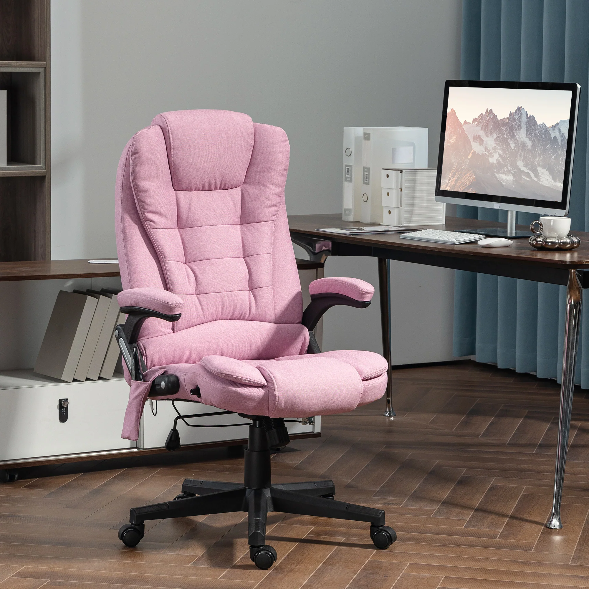 6 Points Heated Massage Office Chair, Linen High Back Executive Office Chair, Pink - Image 4