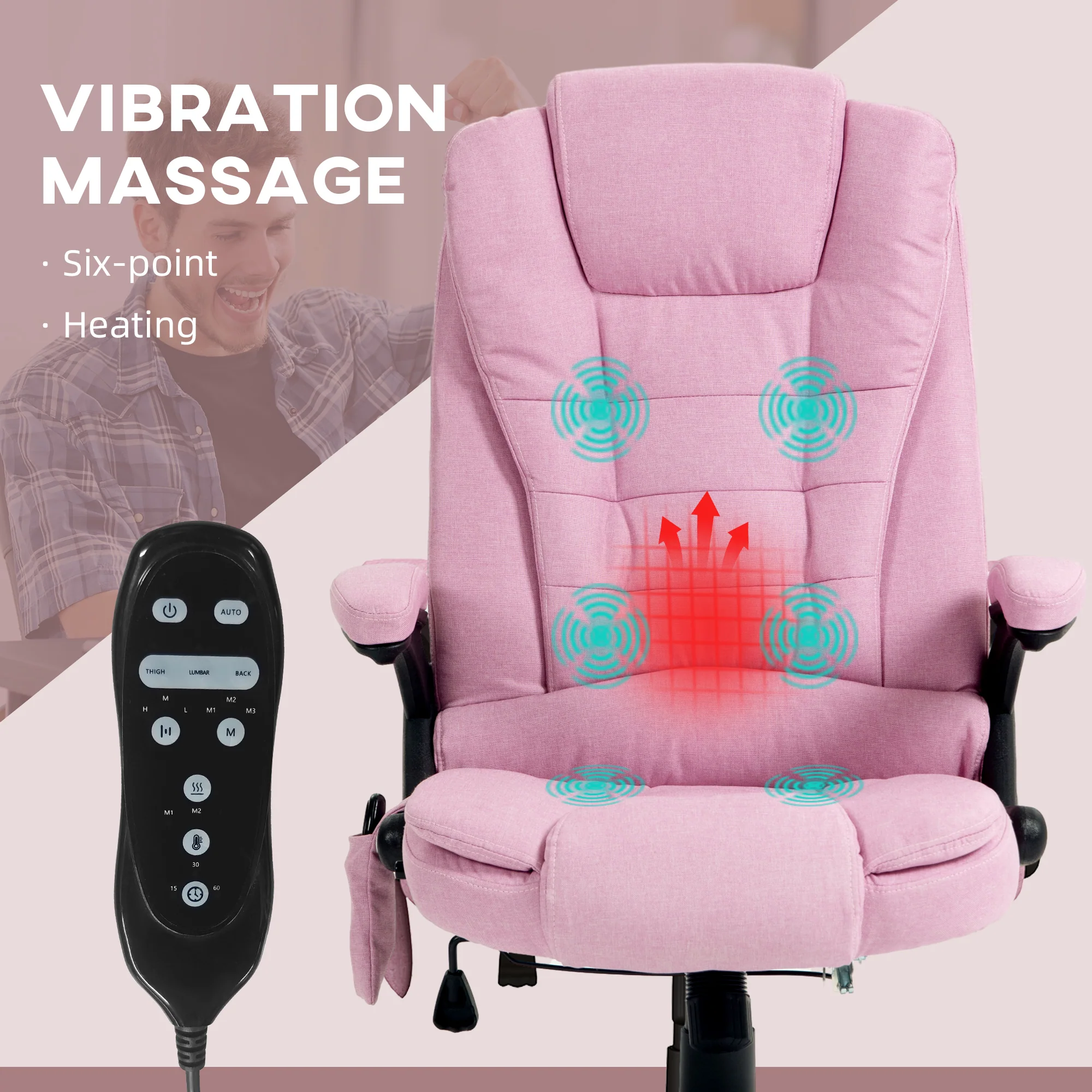 6 Points Heated Massage Office Chair, Linen High Back Executive Office Chair, Pink - Image 6