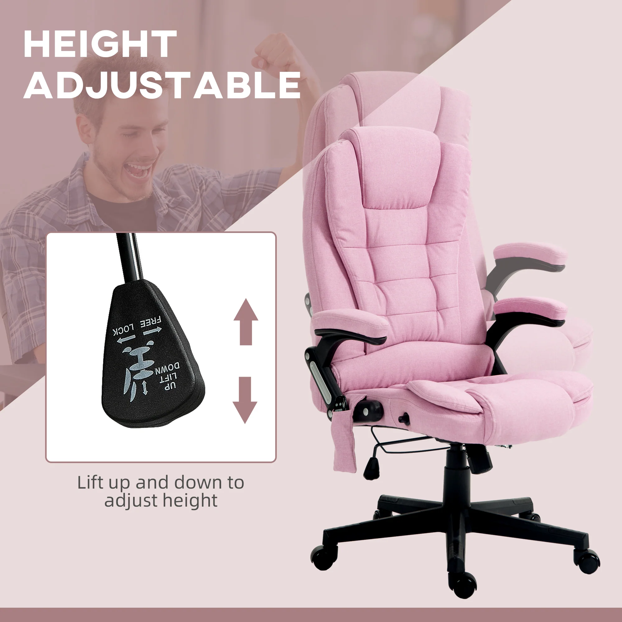 6 Points Heated Massage Office Chair, Linen High Back Executive Office Chair, Pink - Image 7