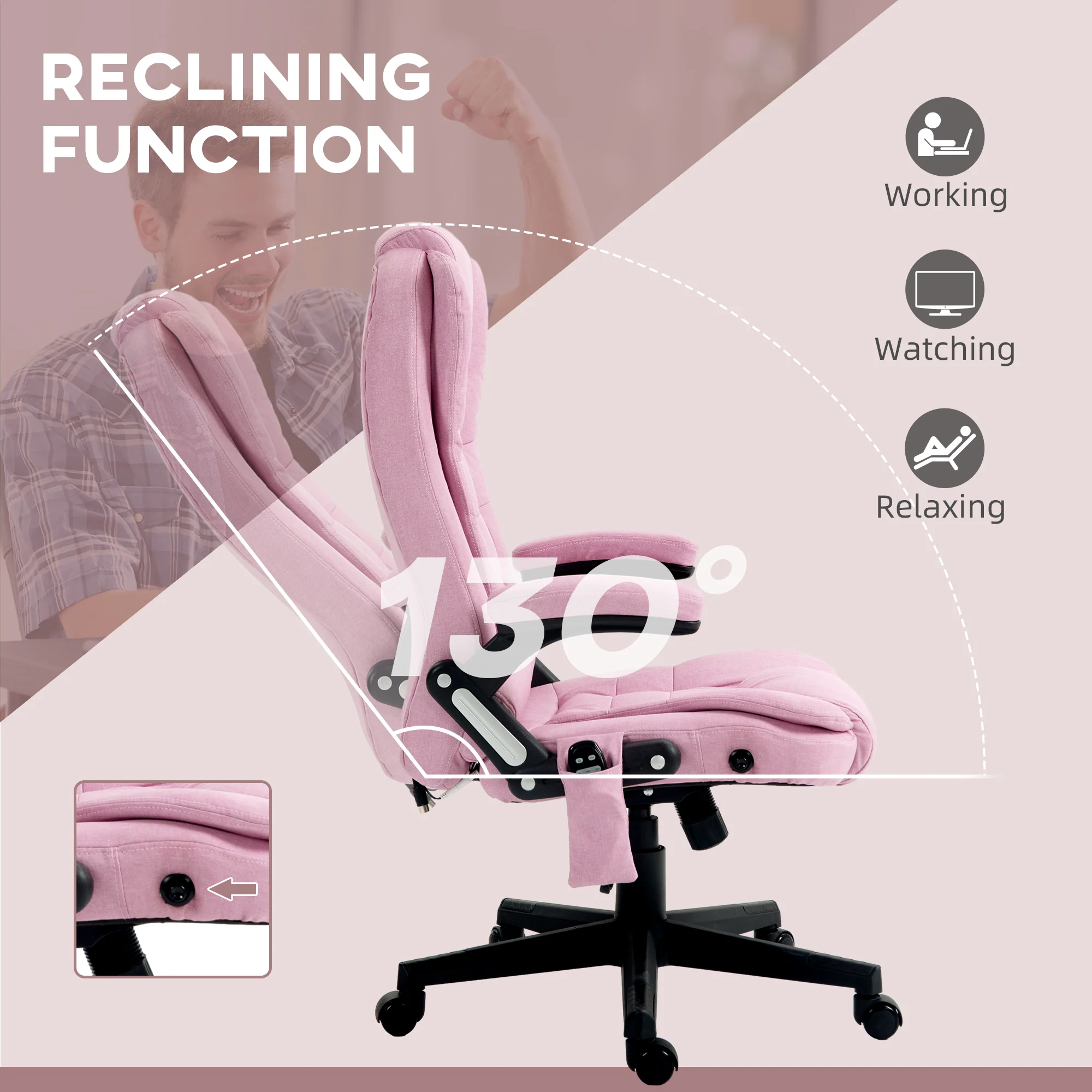 6 Points Heated Massage Office Chair, Linen High Back Executive Office Chair, Pink - Image 8