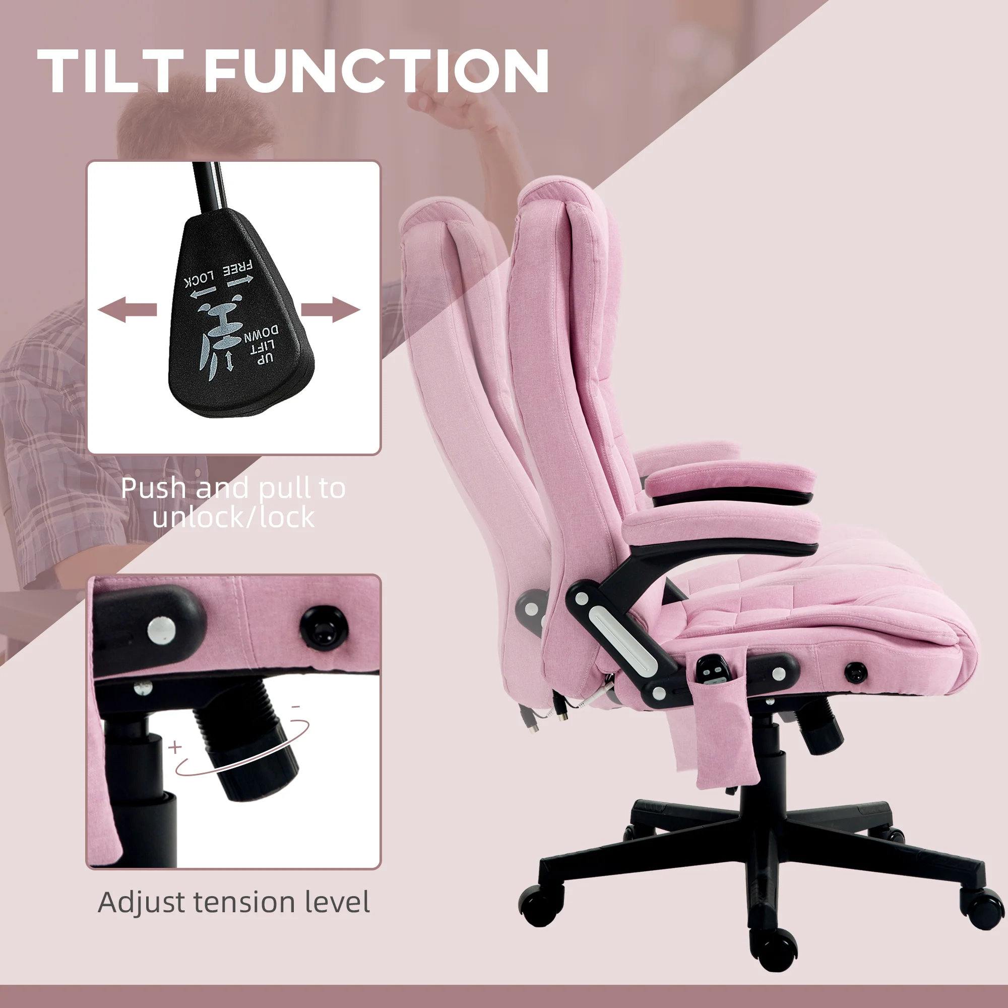 6 Points Heated Massage Office Chair, Linen High Back Executive Office Chair, Pink - Image 9