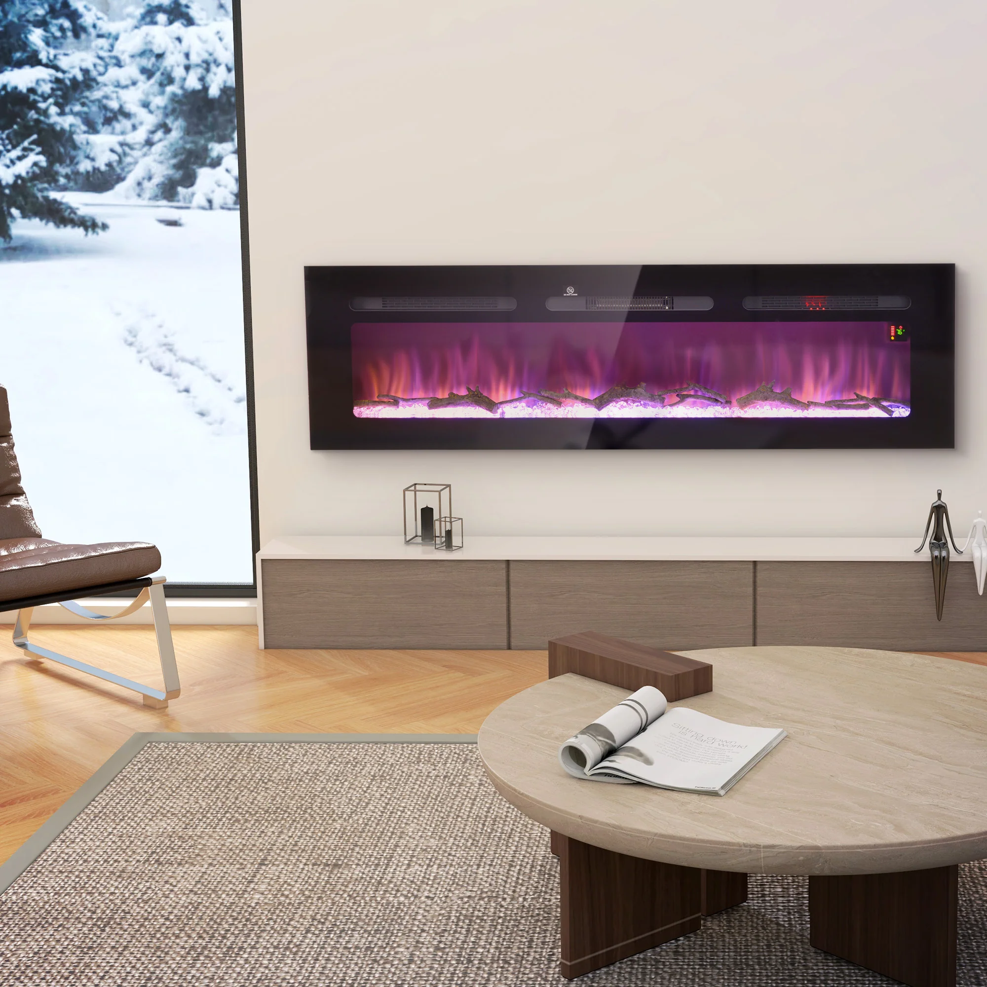 60" Electric Fireplace Heater with Remote Control, Adjustable Color & Brightness, Black - Image 4