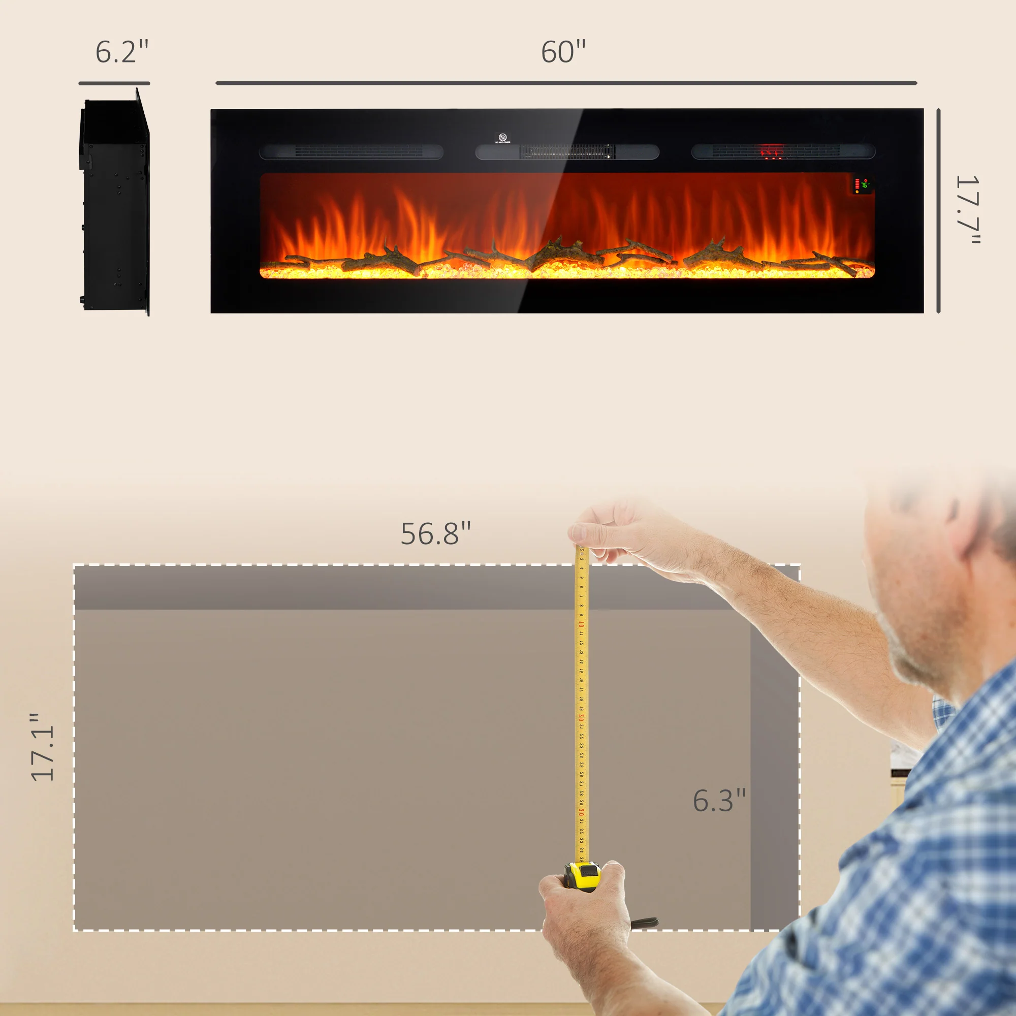 60" Electric Fireplace Heater with Remote Control, Adjustable Color & Brightness, Black - Image 5