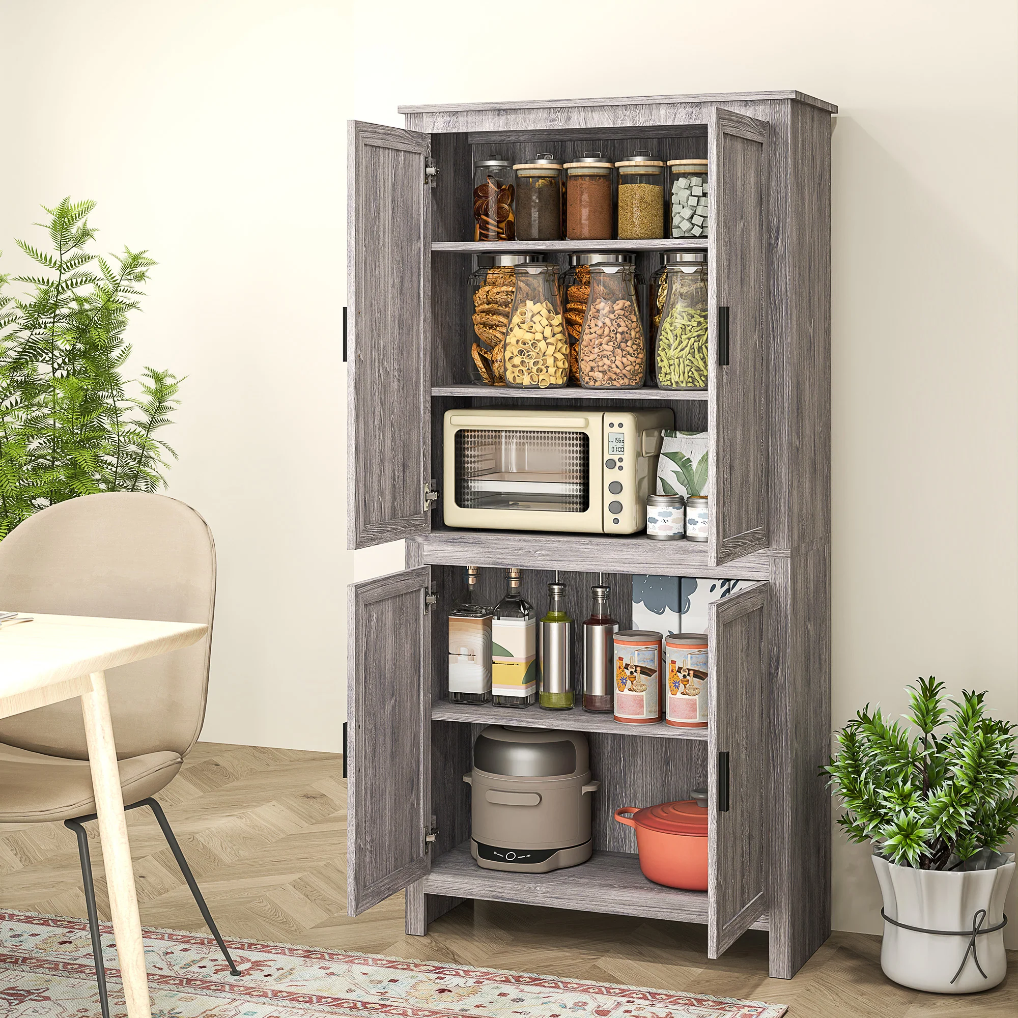 64" Freestanding Kitchen Pantry Cabinet with 4 Doors & Adjustable Shelves, Gray Oak - Image 4