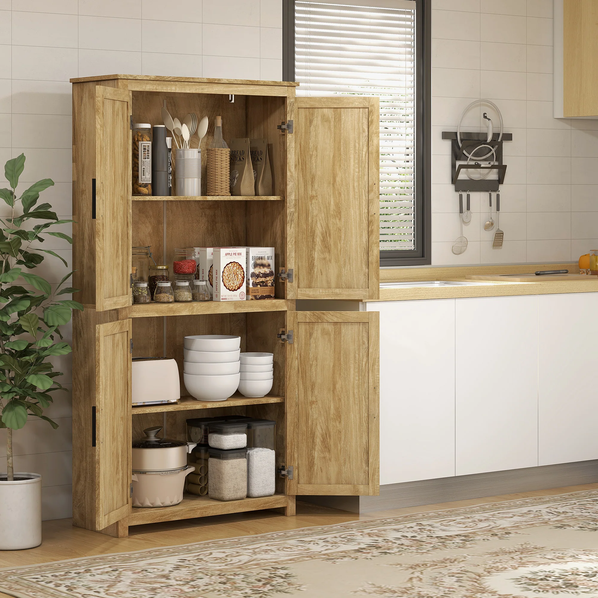 64" Kitchen Pantry Cabinet w/ 4 Rattan Doors, 4 Tier Shelves & Adjustable Shelf, Natural - Image 4