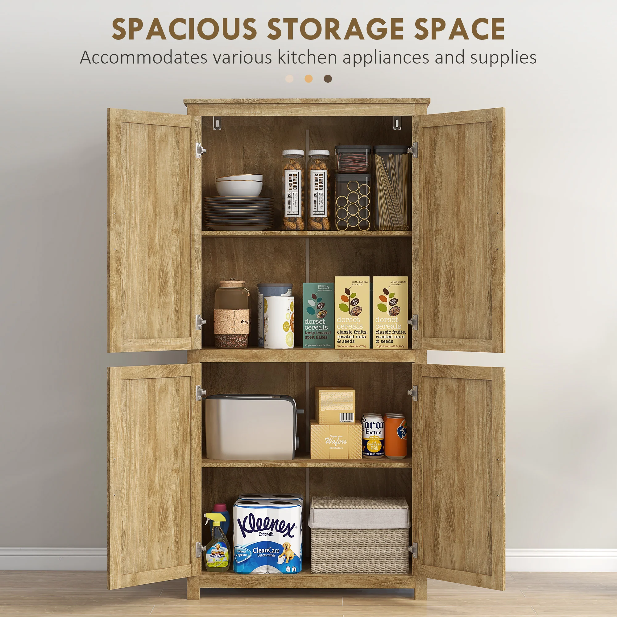 64" Kitchen Pantry Cabinet w/ 4 Rattan Doors, 4 Tier Shelves & Adjustable Shelf, Natural - Image 7