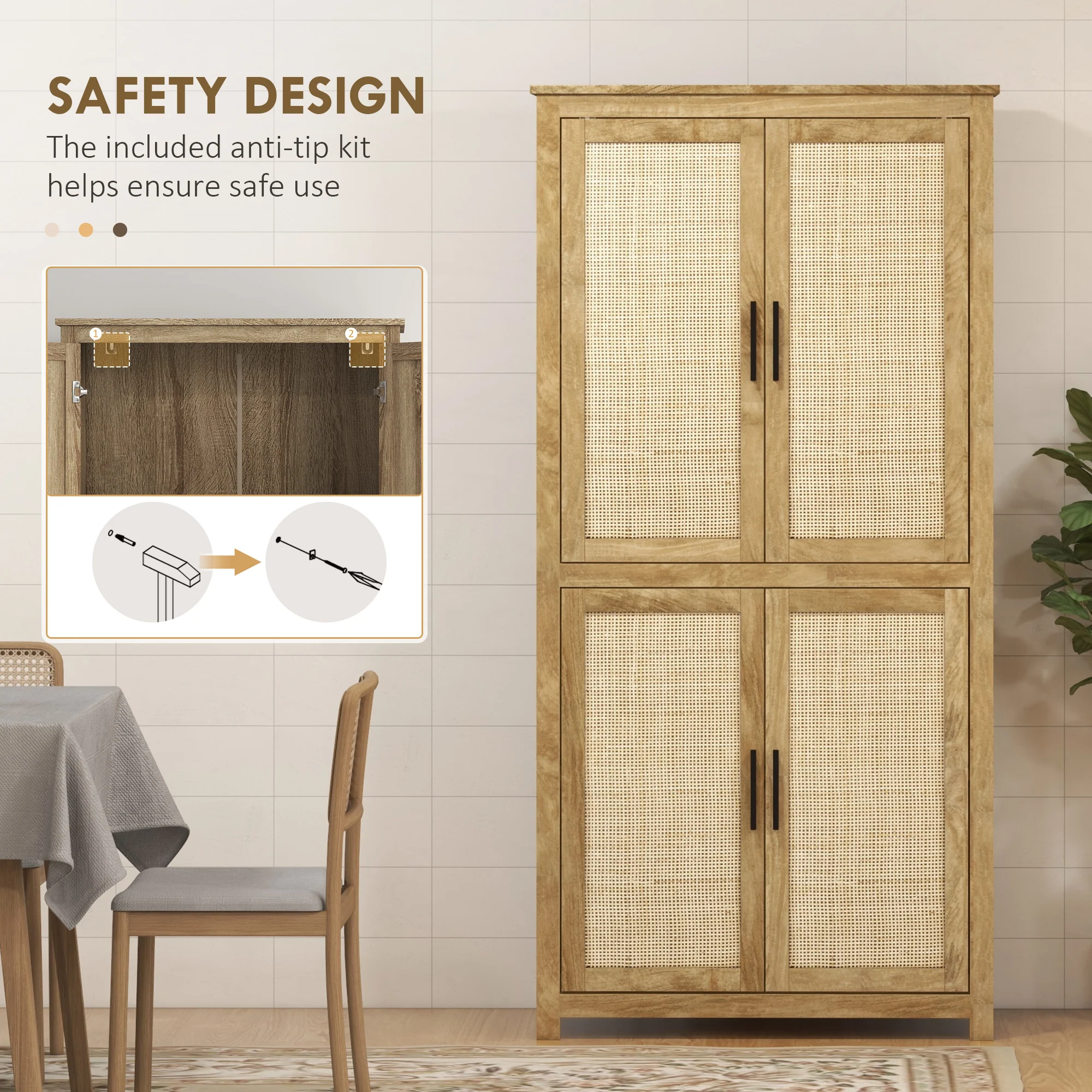 64" Kitchen Pantry Cabinet w/ 4 Rattan Doors, 4 Tier Shelves & Adjustable Shelf, Natural - Image 9