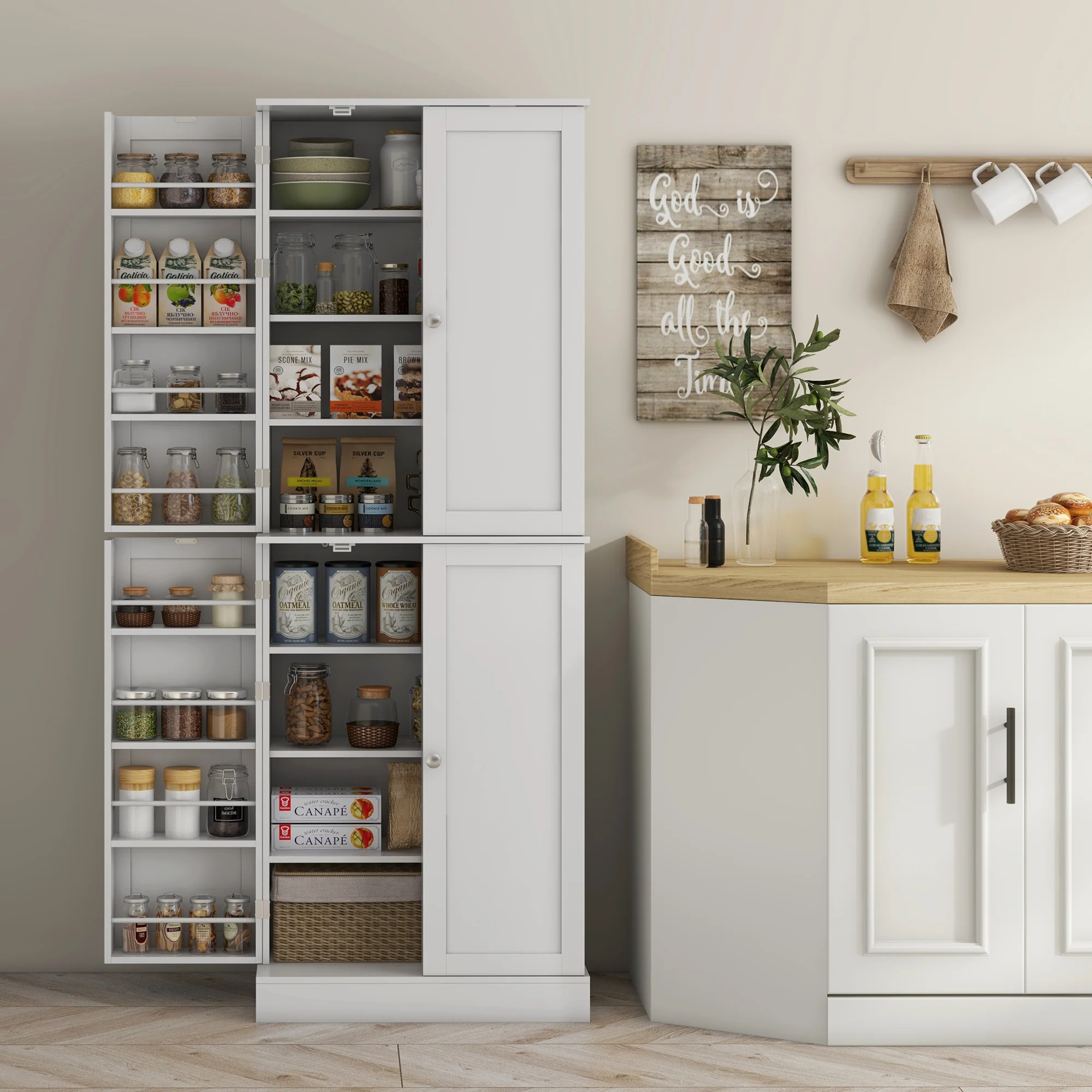 65" Kitchen Cabinet with 4 Doors and 16 Door Shelves for Dining Room, White - Image 10