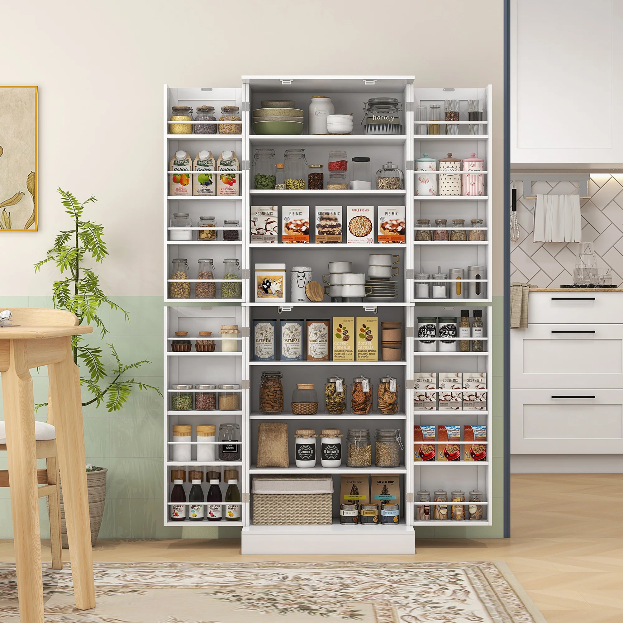 65" Kitchen Cabinet with 4 Doors and 16 Door Shelves for Dining Room, White - Image 3