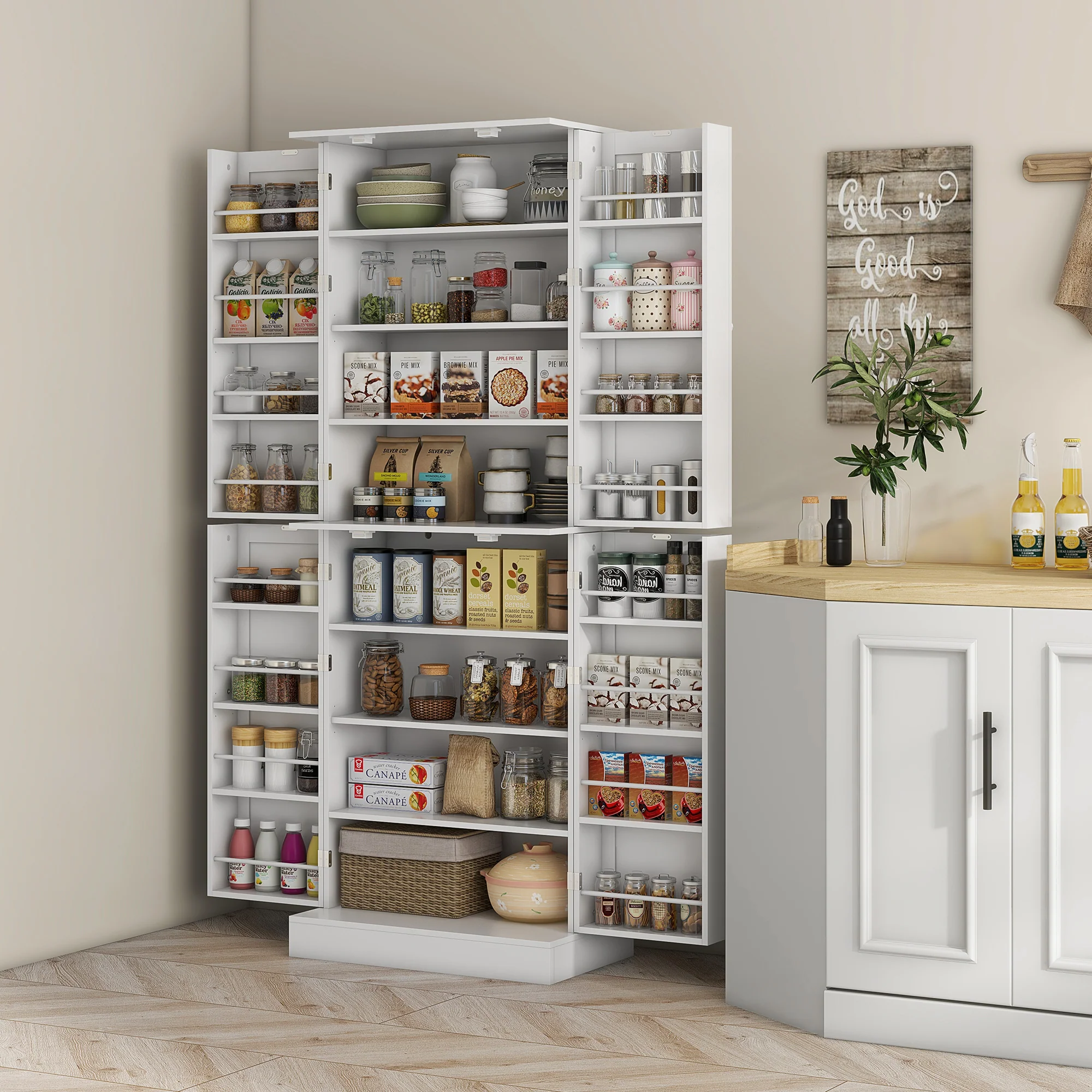 65" Kitchen Cabinet with 4 Doors and 16 Door Shelves for Dining Room, White - Image 4
