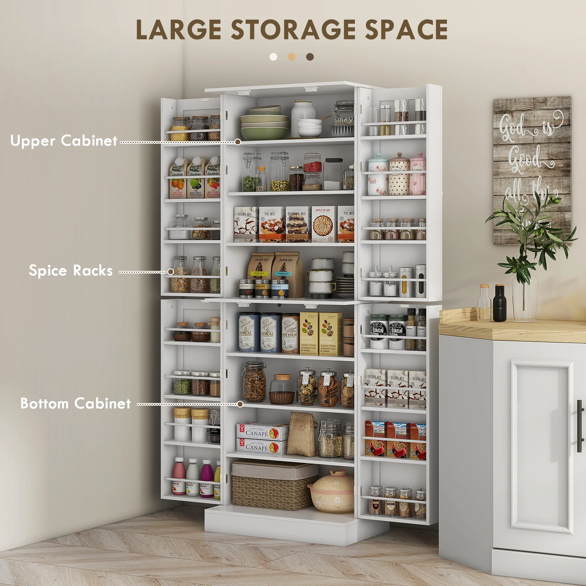 65" Kitchen Cabinet with 4 Doors and 16 Door Shelves for Dining Room, White - Image 6