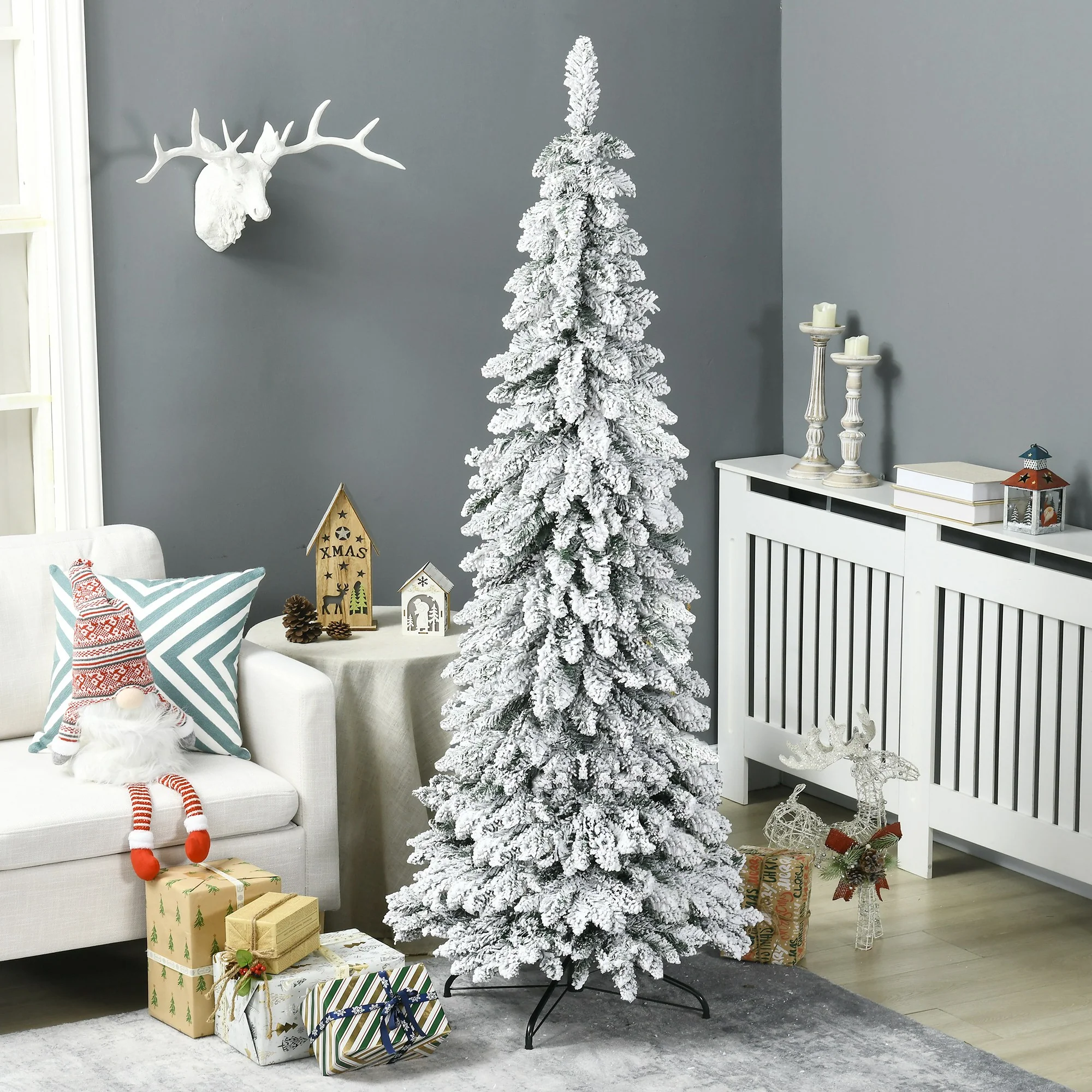 6ft Artificial Christmas Tree with 523 Snow Flocked Branches, Downswept Shape, Steel Base - Image 4