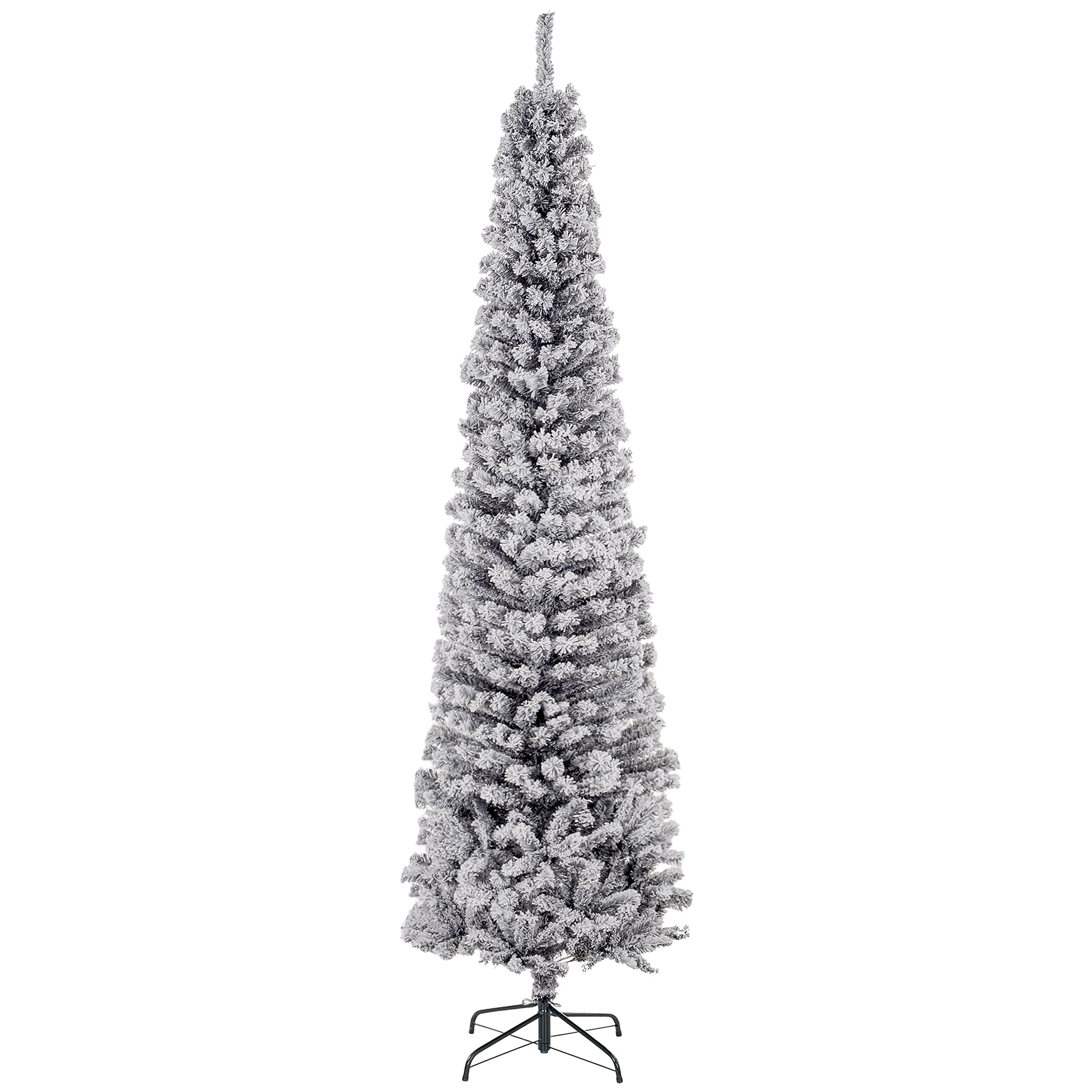7.5ft Snow Flocked Pencil Christmas Tree, Artificial Slim Xmas Tree with Realistic Branch Tips, Folding Metal Stand, Black - Image 2