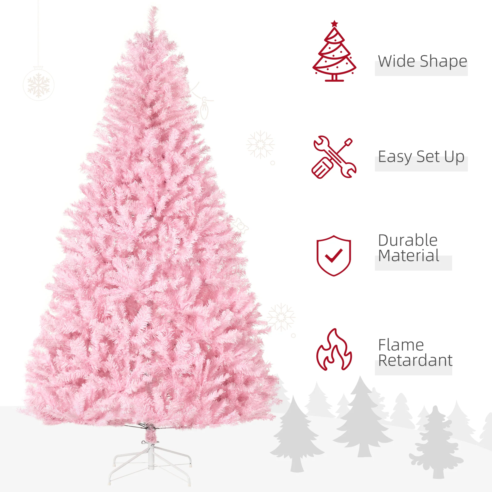 7' Artificial Pink Christmas Tree with Auto Open, Steel Base, Wide Shape - Image 6