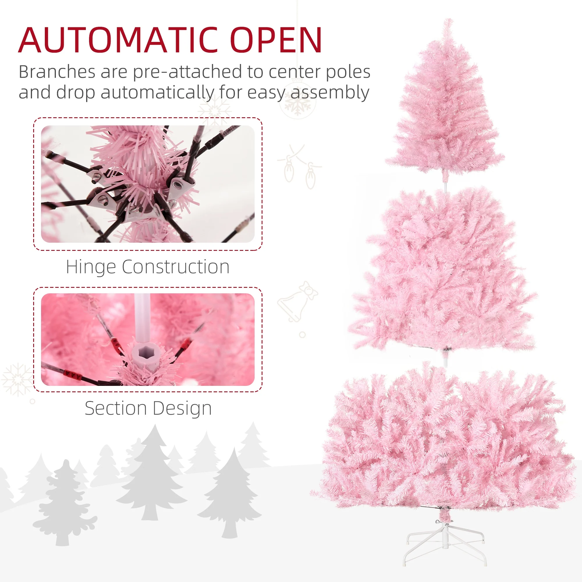 7' Artificial Pink Christmas Tree with Auto Open, Steel Base, Wide Shape - Image 9