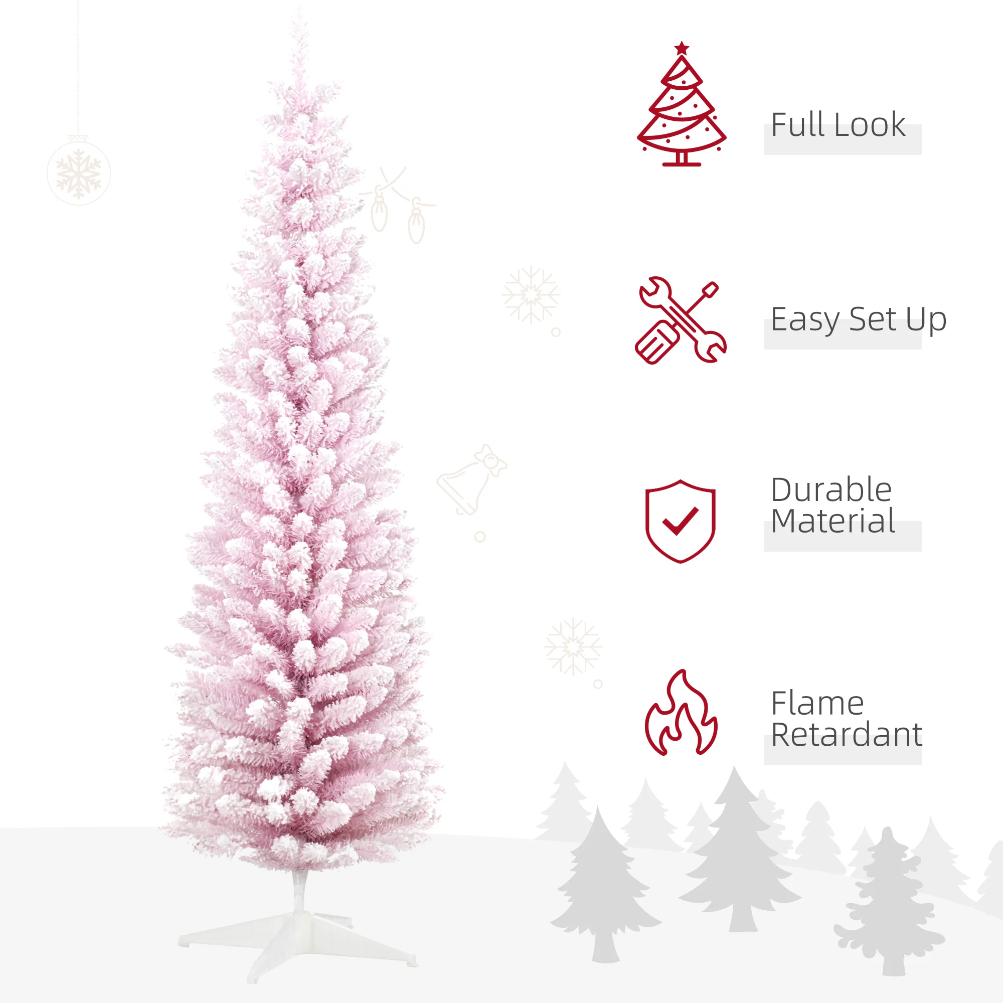 7' Decorated Snow Flocked Artificial Christmas Tree Pencil Shape Realistic Branches Pink - Image 6