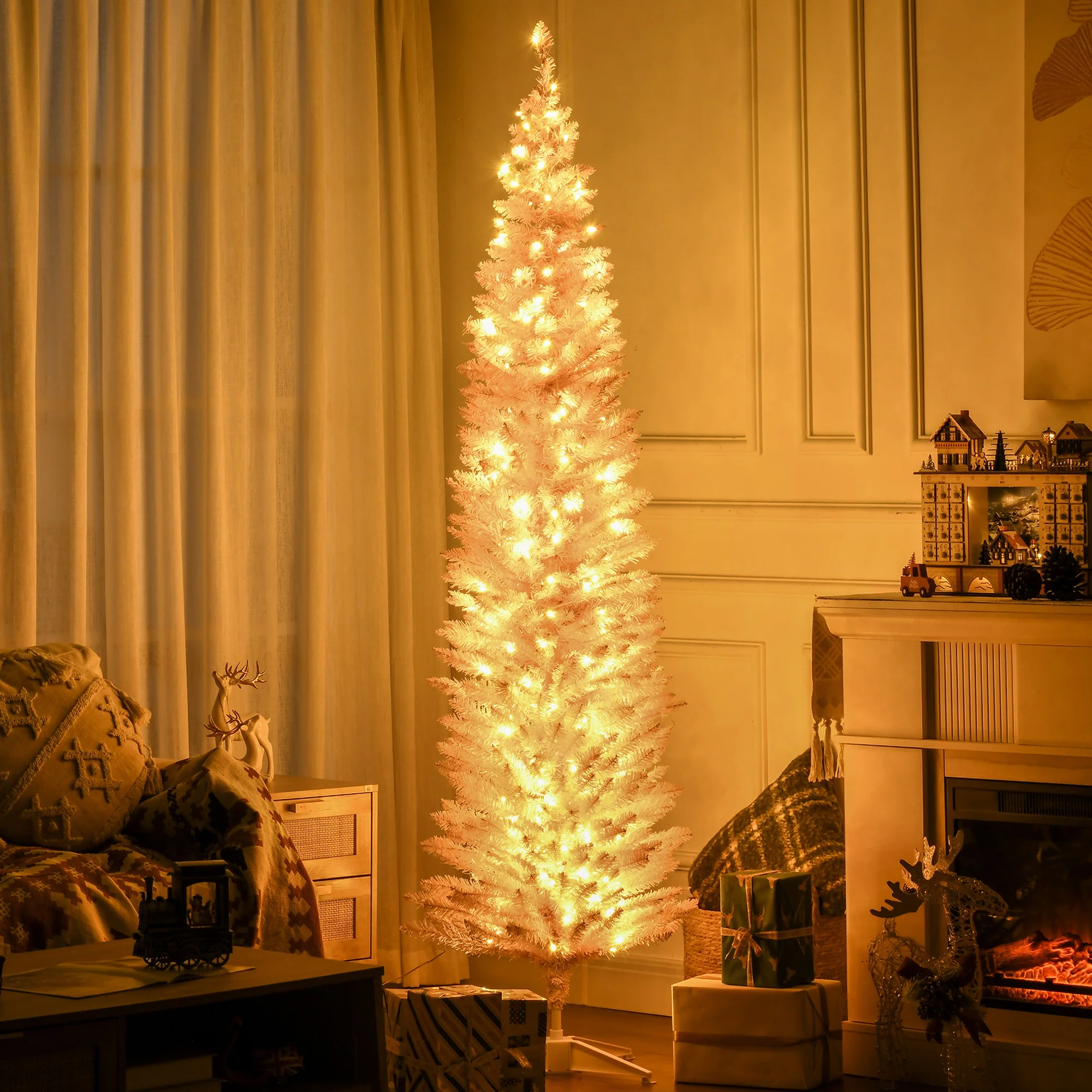 7 ft Noble Fir Slim Artificial Christmas Tree with 499 Tips and 200 Warm White LED Lights, Pink - Image 3