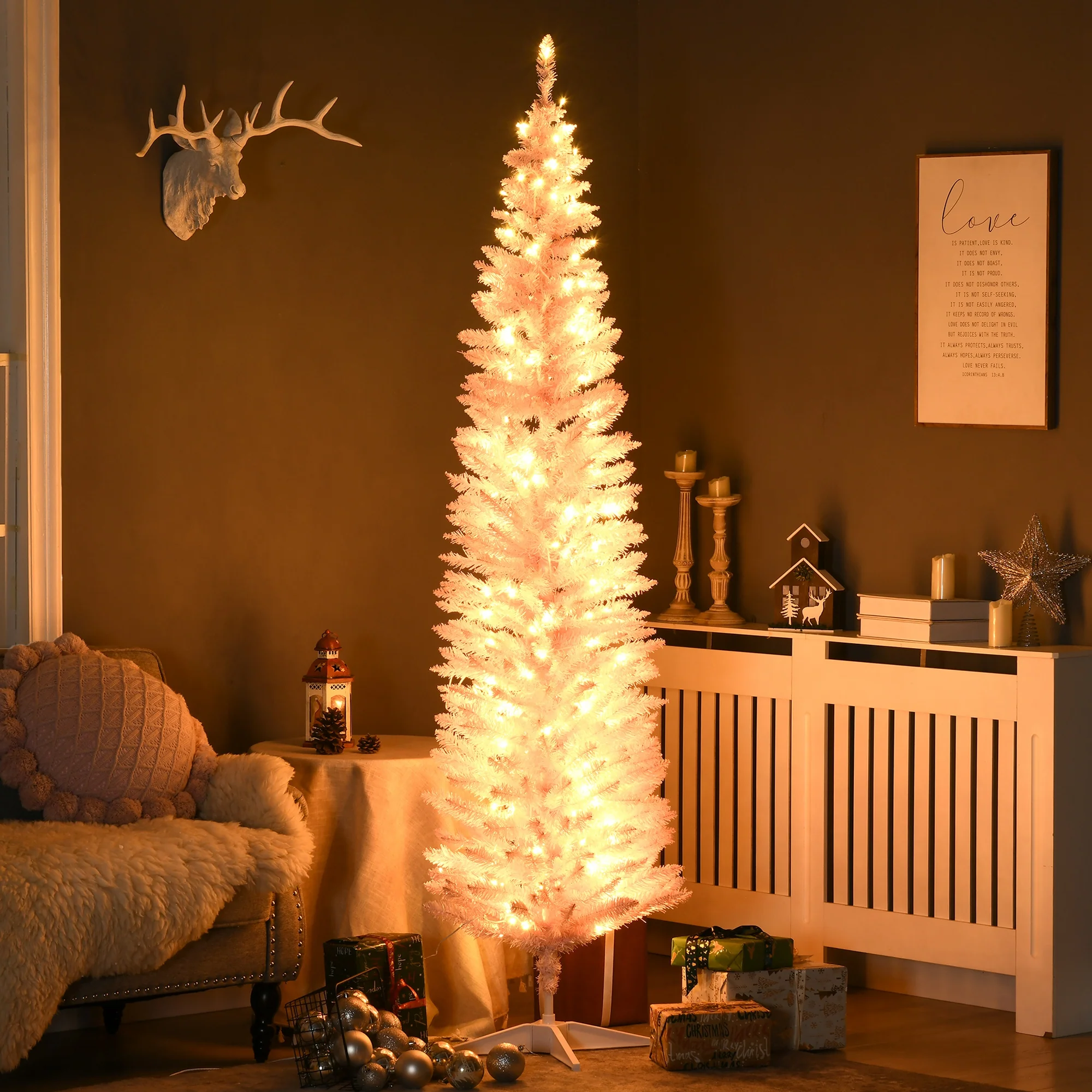 7 ft Noble Fir Slim Artificial Christmas Tree with 499 Tips and 200 Warm White LED Lights, Pink - Image 4